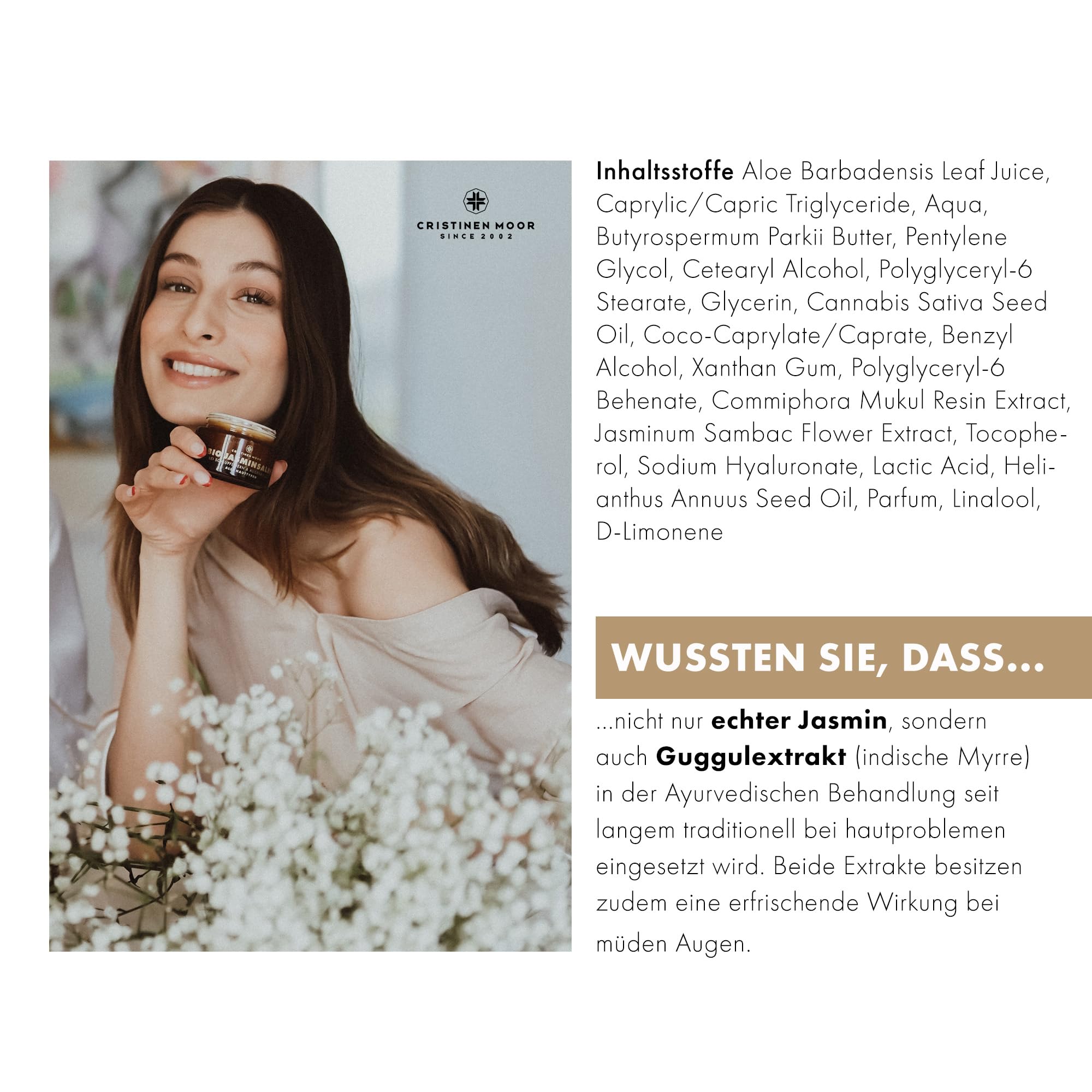 Cristinen Moor Bio Jasminsalbe I Augencreme bei Augenringen, müden und geschwollenen Augen, Schlupflidern I mit Bio Hyaluron | zertifizierte Naturkosmetik