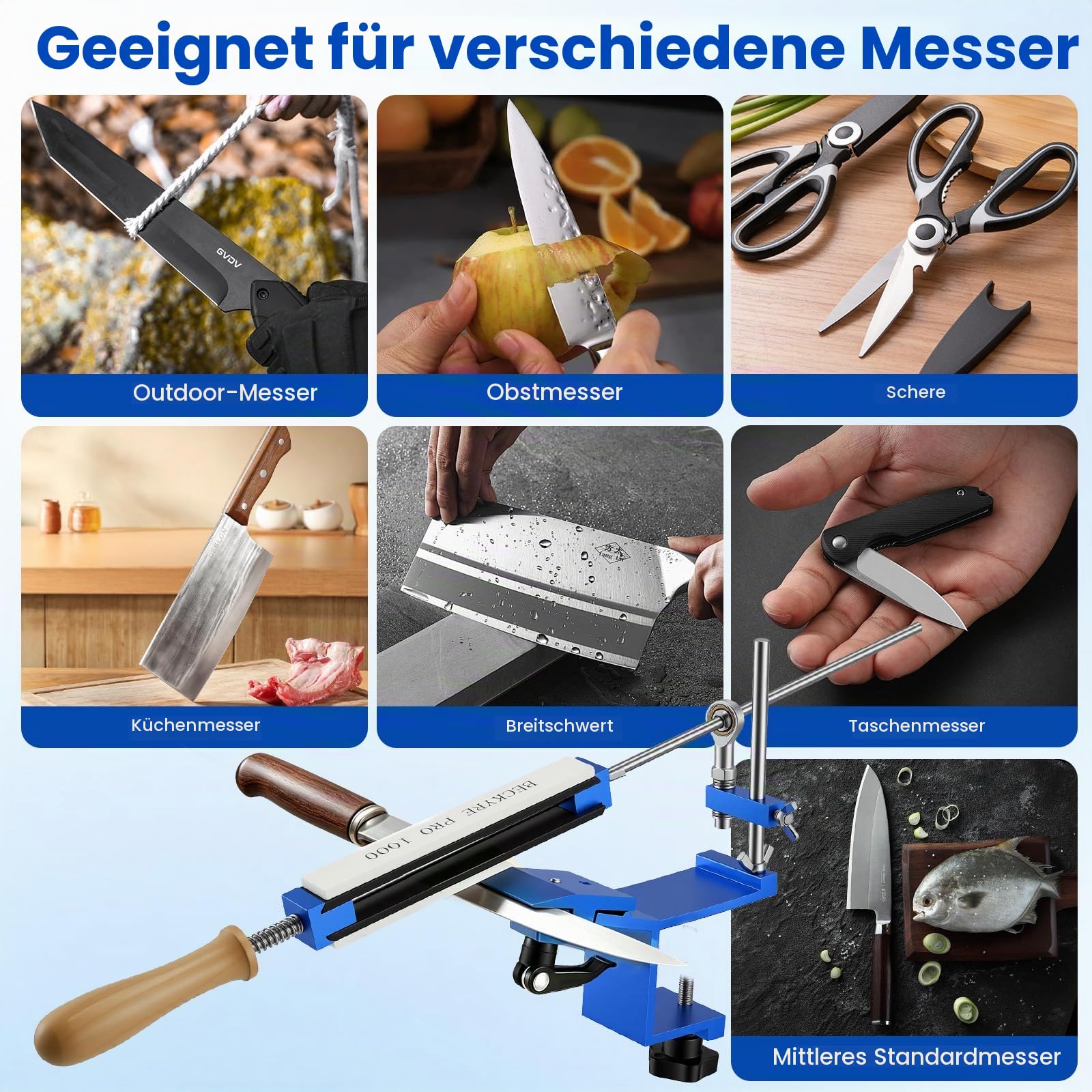 Messerschärfer mit 8 Schleifsteine, Messerschärfsystem Festwinkel mit Schnellspann-Design, Professionelles Schleifmittel-Haltesystem für Feinschleif-Polierwerkzeug