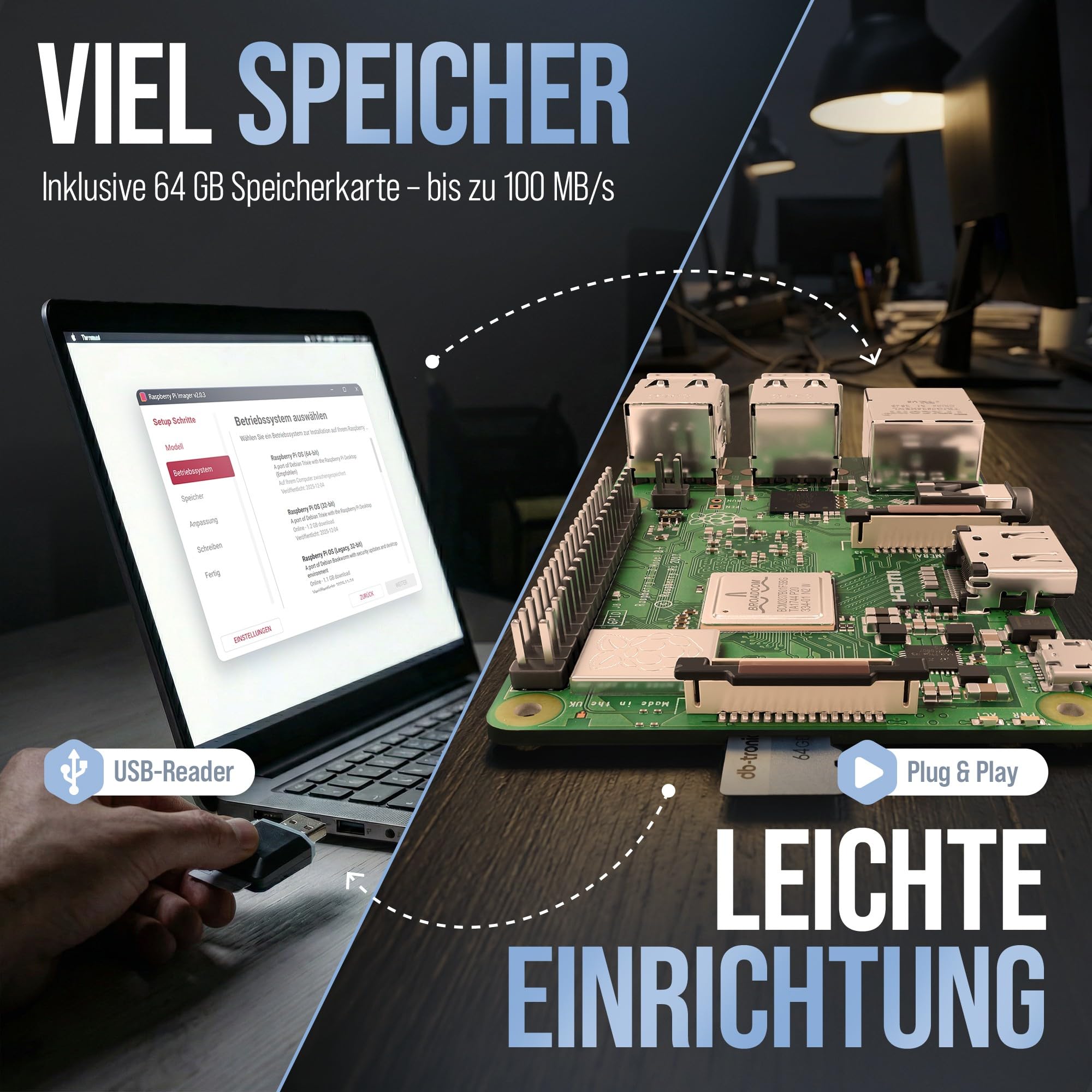 Raspberry Pi 3 B+ 1GB Starter Set 64GB Edition Netzteil Gehäuse Kühlkörper 4K HDMI Kabel