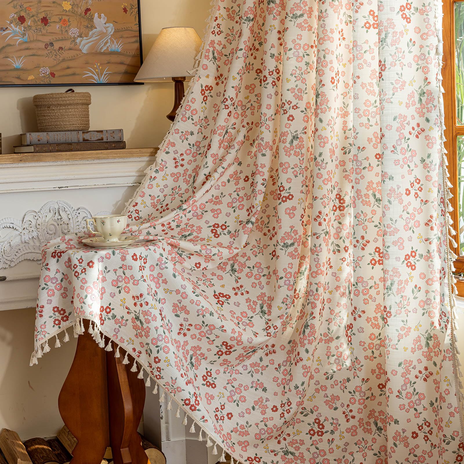 OYX Pink Boho Farmhouse Floral Curtains 63 Inch Long 2 Panels For Living Room, Flower Girl Bedroom Light Filtering Drapes, Vintage Country French Patterned Rod Pocket Aesthetic Decor Window Treatments