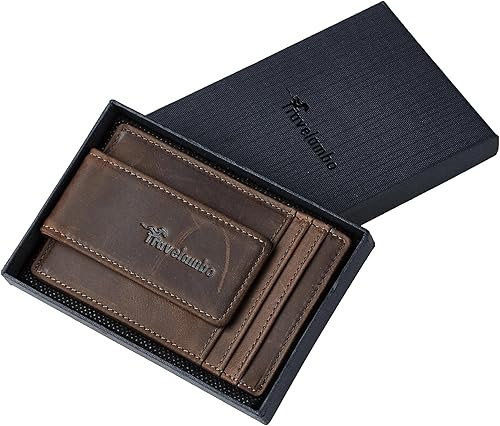 Miniatura 4 de Travelambo Billetera de bolsillo frontal con clip para dinero, billetera minimalista delgada con bloqueo RFID, Café, Minimalista