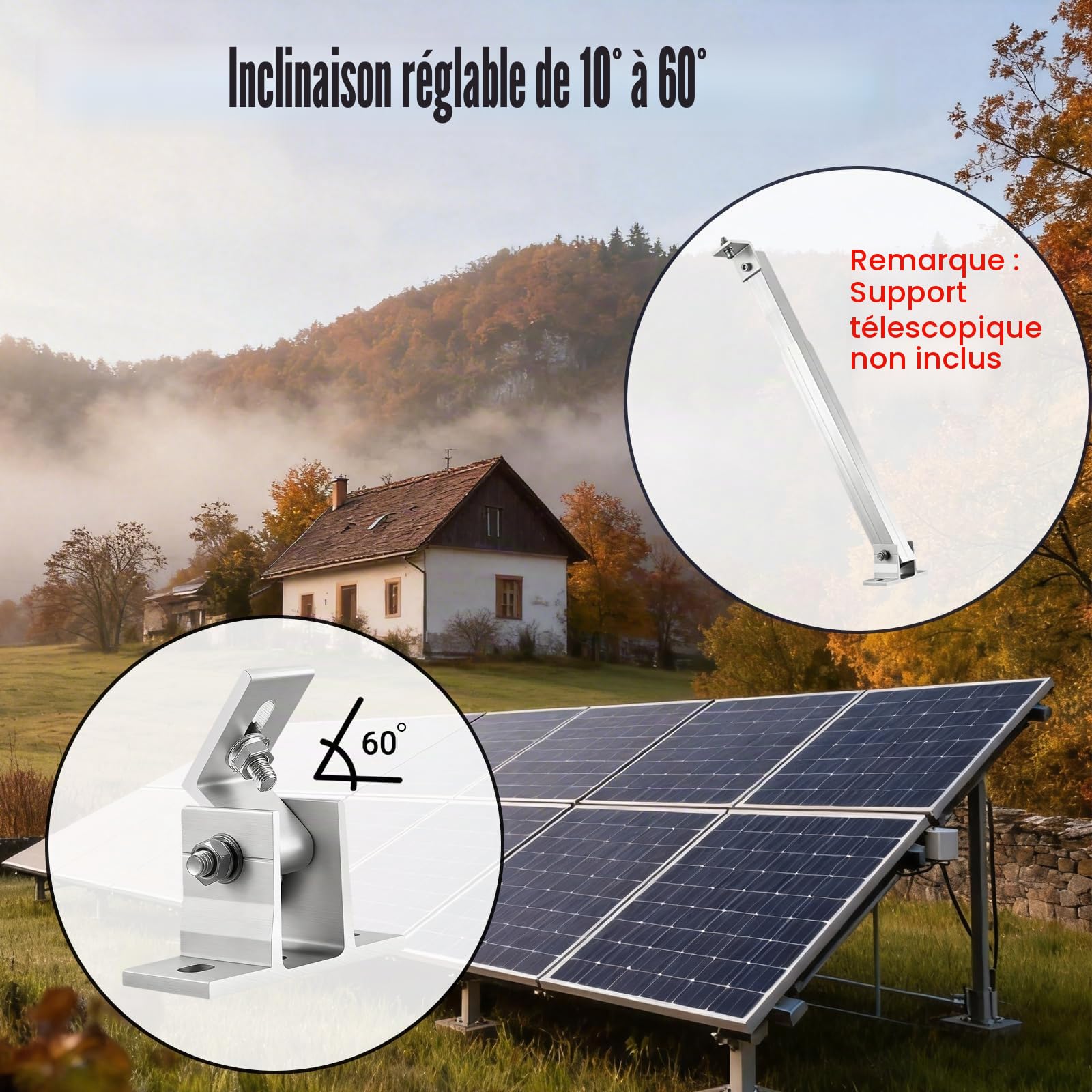 4 Pièces Support Panneau Solaire, Support de Module PV en Aluminium, Montage Mural 10°–60°, Module Photovoltaïque Réglable Indépendant pour Toit, Car, Balcon et Mur