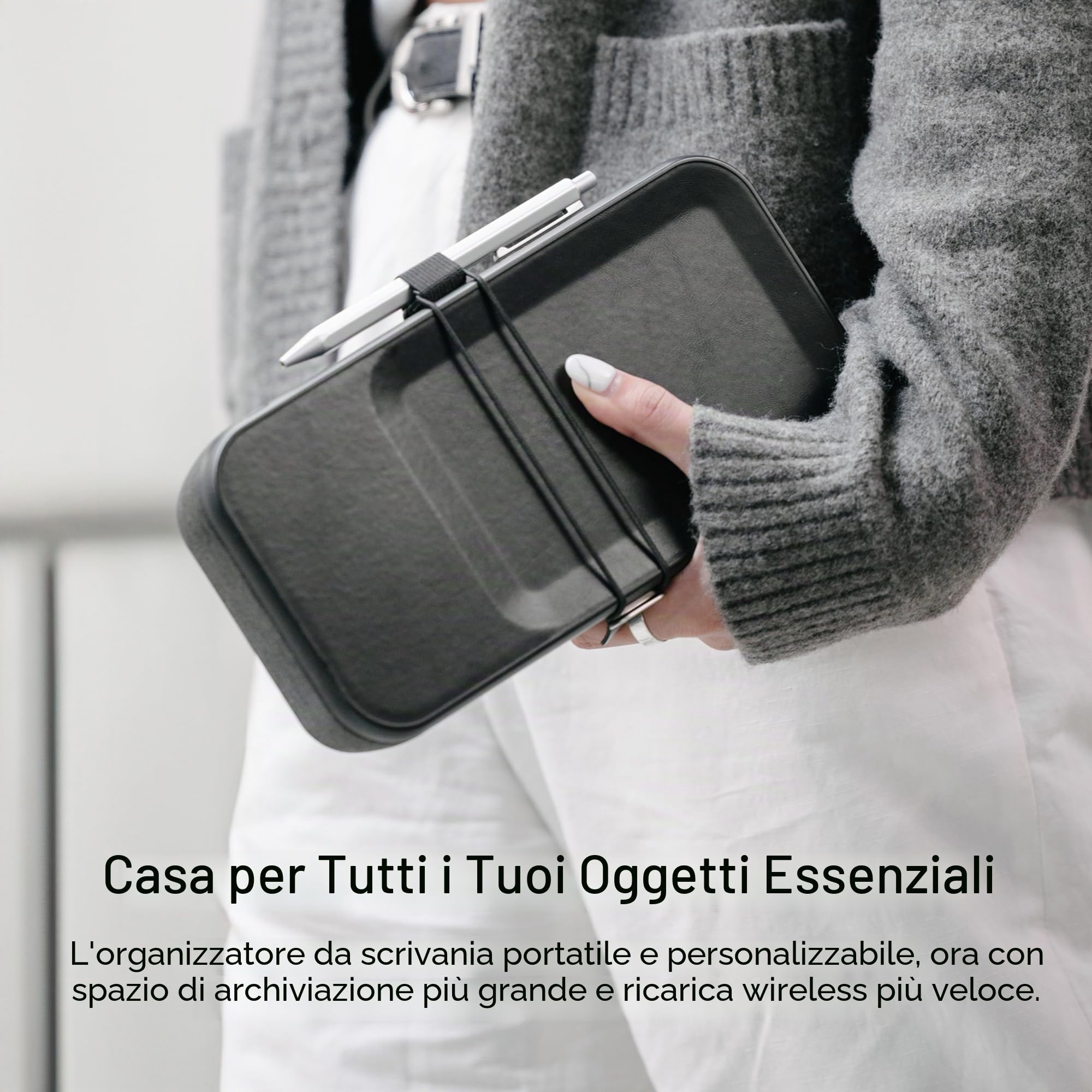 Orbitkey Nest V2 - Organizer da scrivania portatile e personalizzabile con caricabatterie wireless integrato, guscio in policarbonato con tessuto in nylon poli melange e lega di zinco (nero)