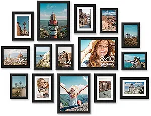 Vittanly 15 Pack Picture Frames Collage Wall Decor for Mounting or Tabletop Display, Gallery Frame Set for Family, Multi Sizes Including 3pcs 8x10, 6pcs 5x7, 6pcs 4x6, Black