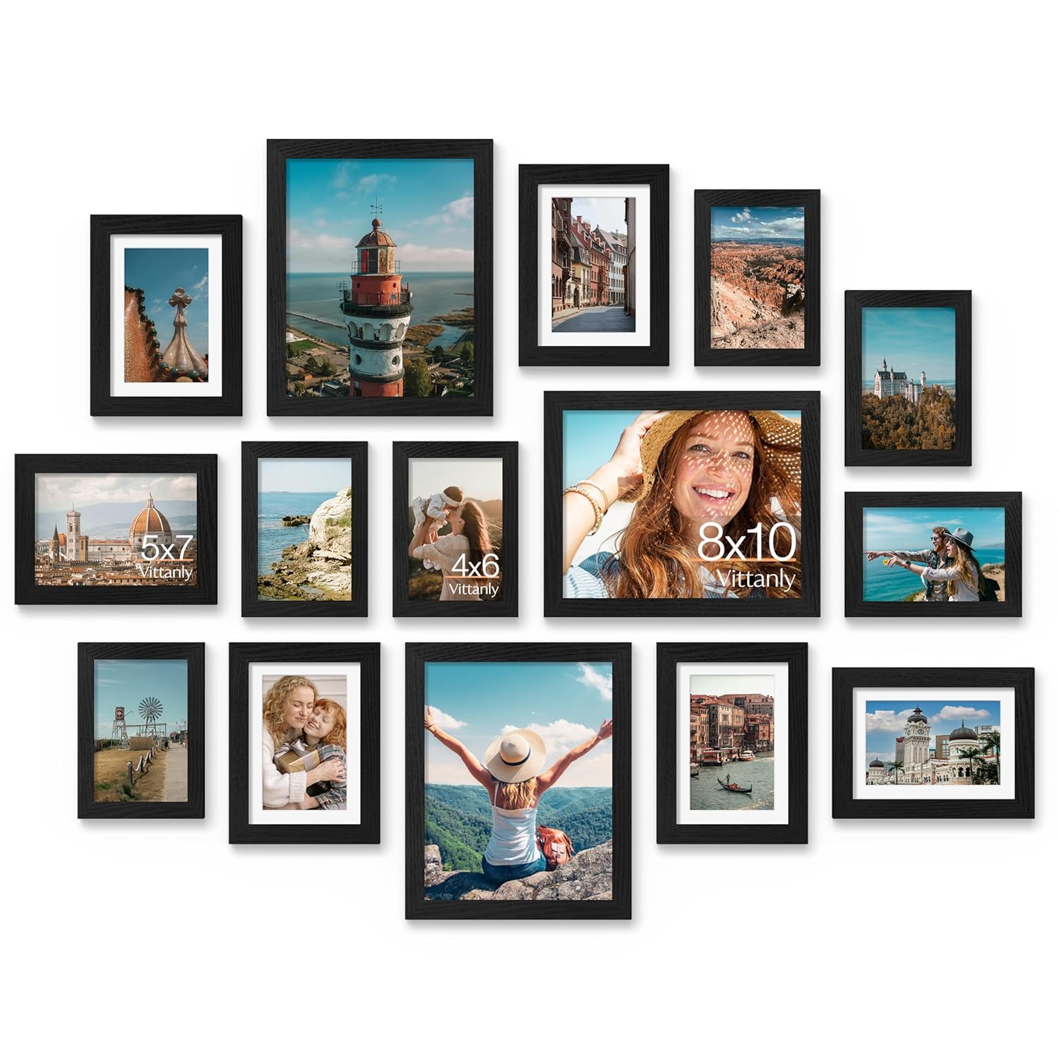 Vittanly 15 Pack Picture Frames Collage Wall Decor for Mounting or Tabletop Display Gallery Frame Set for Family