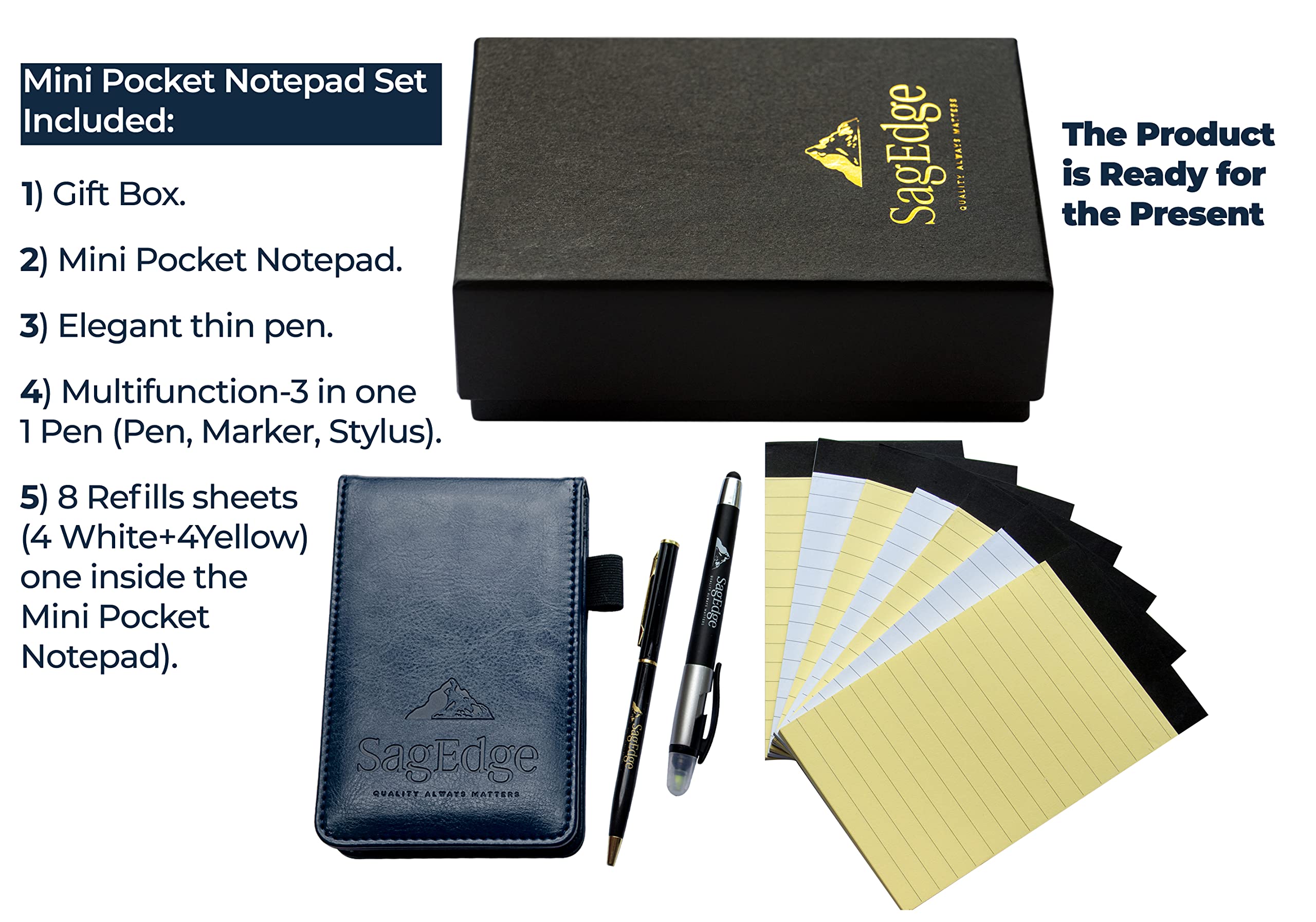 SagEdge Set di mini quaderni tascabili in pelle PU, in confezione regalo, taccuino tascabile interno con 30 fogli a righe bianchi, 7 ricariche per libri (3 bianche e 4 gialle), 2 penne eleganti e