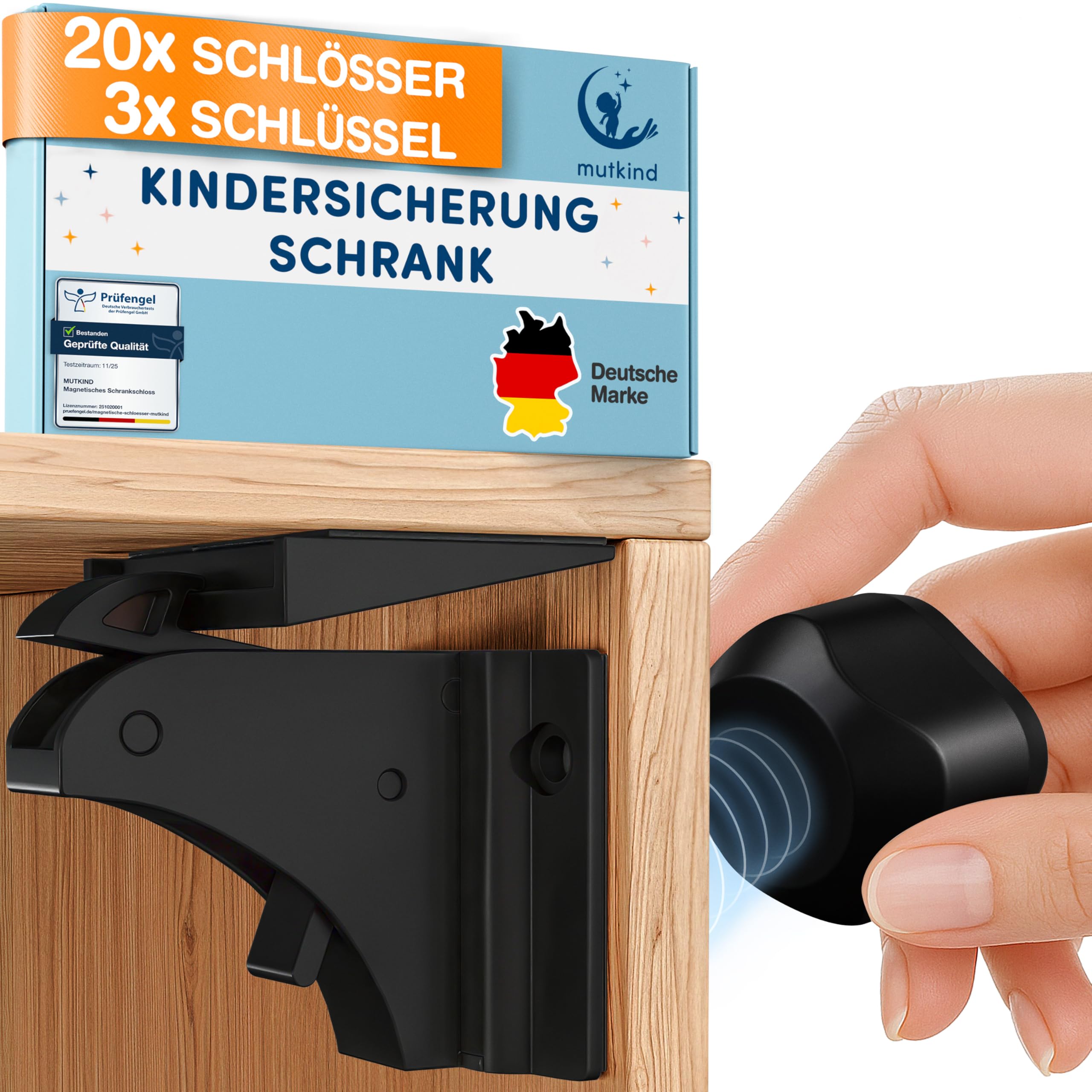 MUTKIND® 20x Magnetische Kindersicherung (Mit starkem TESA-Kleber) + 3x Schlüssel - 100% unsichtbare Kindersicherung Schrank und Schubladen - Schubladensicherung & Schranksicherung Baby ohne Bohren