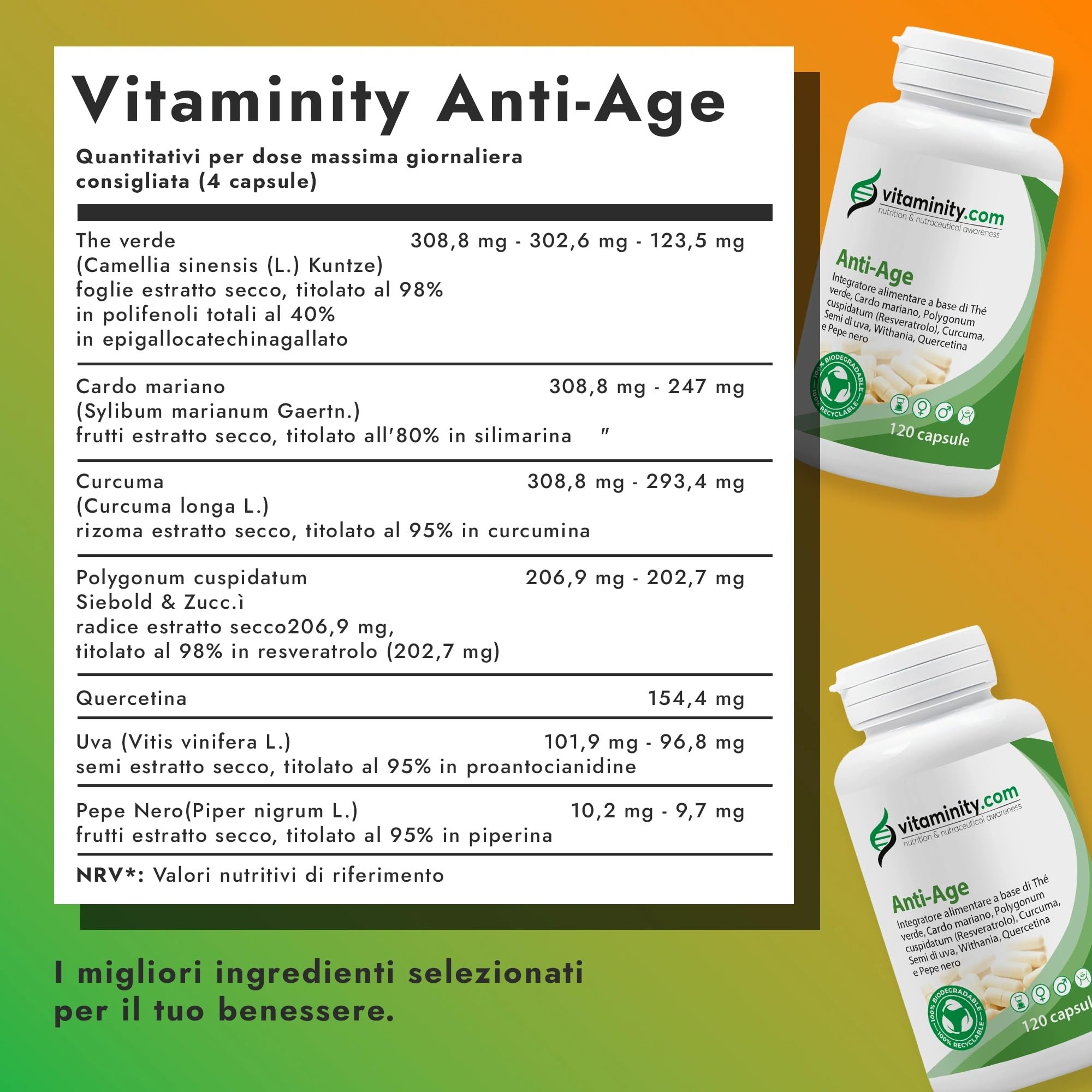Vitaminity Anti-Age, Integratore Alimentare Antiossidante, Contrasta i Radicali Liberi e l'Invecchiamento Cellulare, a base di the verde, curcuma e cardo mariano - Formato da 120 Capsule