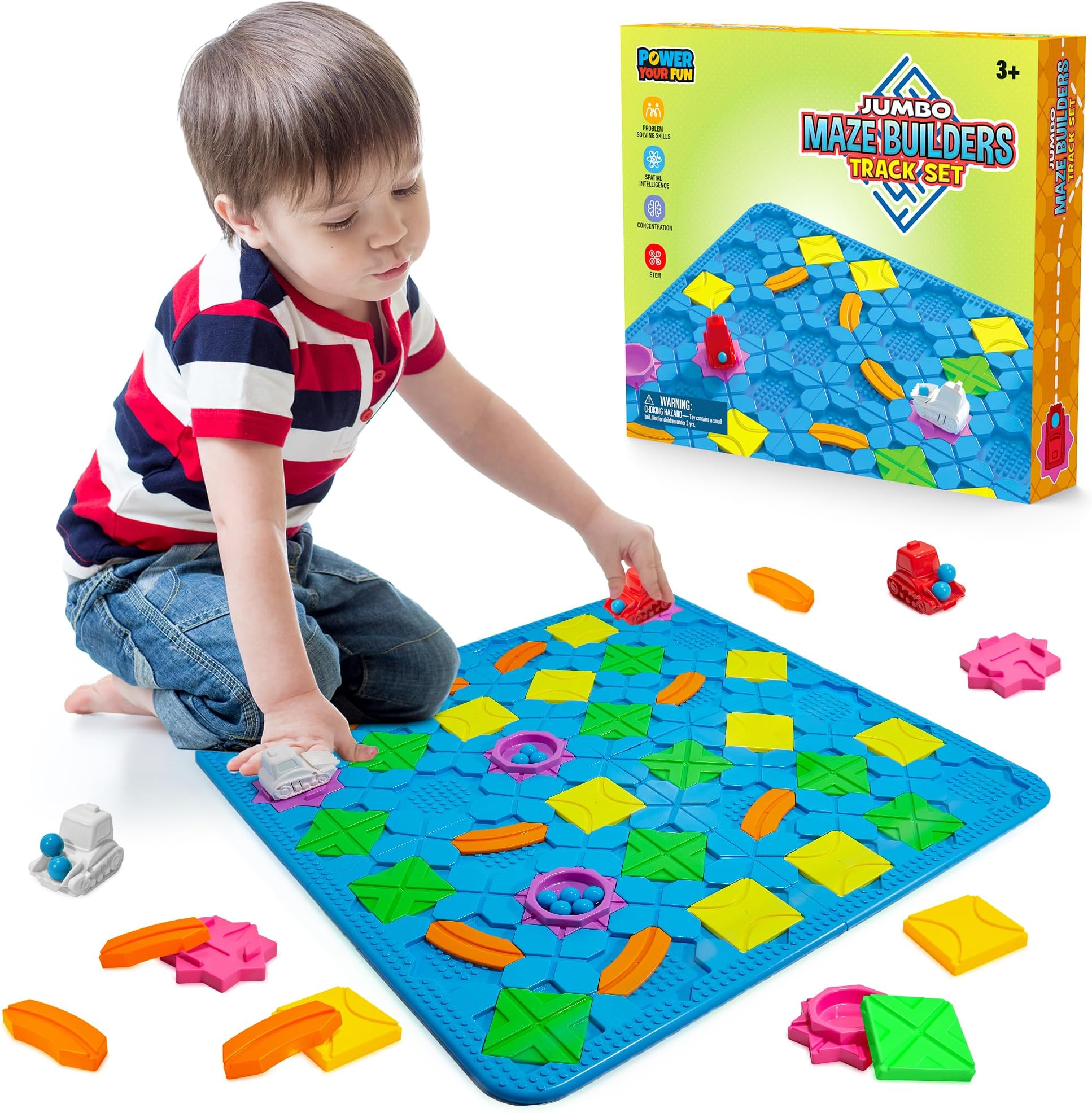 Power Your Fun Jumbo Maze Builder Track Set- 46pc Logical Road Builder Puzzle Board Game, Building STEM Toys with 206 Brain Games Puzzles for Kids, 21” Car Track Playset, Learning Educational Toys 3+