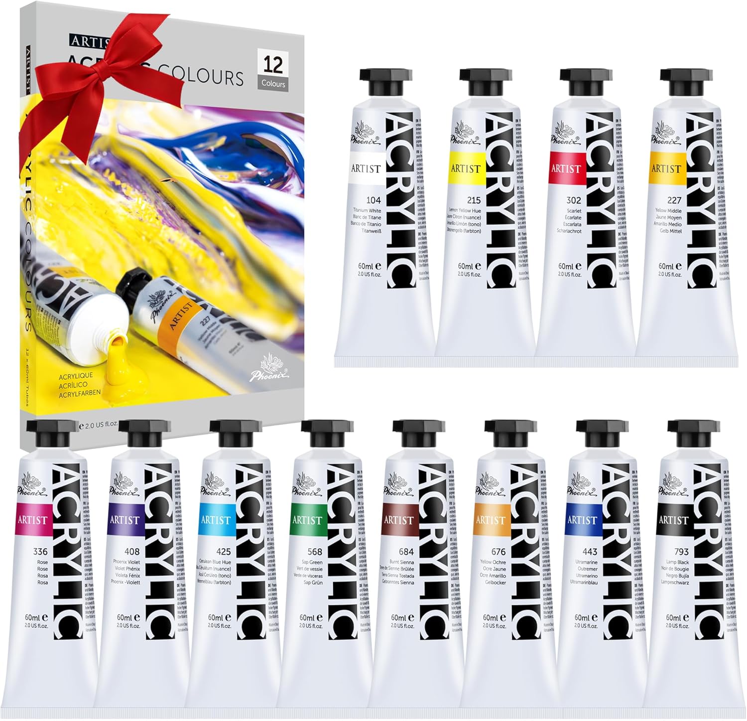 PHOENIX Heavy Body Acrylic Paint - 2 Oz. x 12 Tubes, Slow Drying Speed Paints, Thick Art Paints for Adults, Artists, Professionals