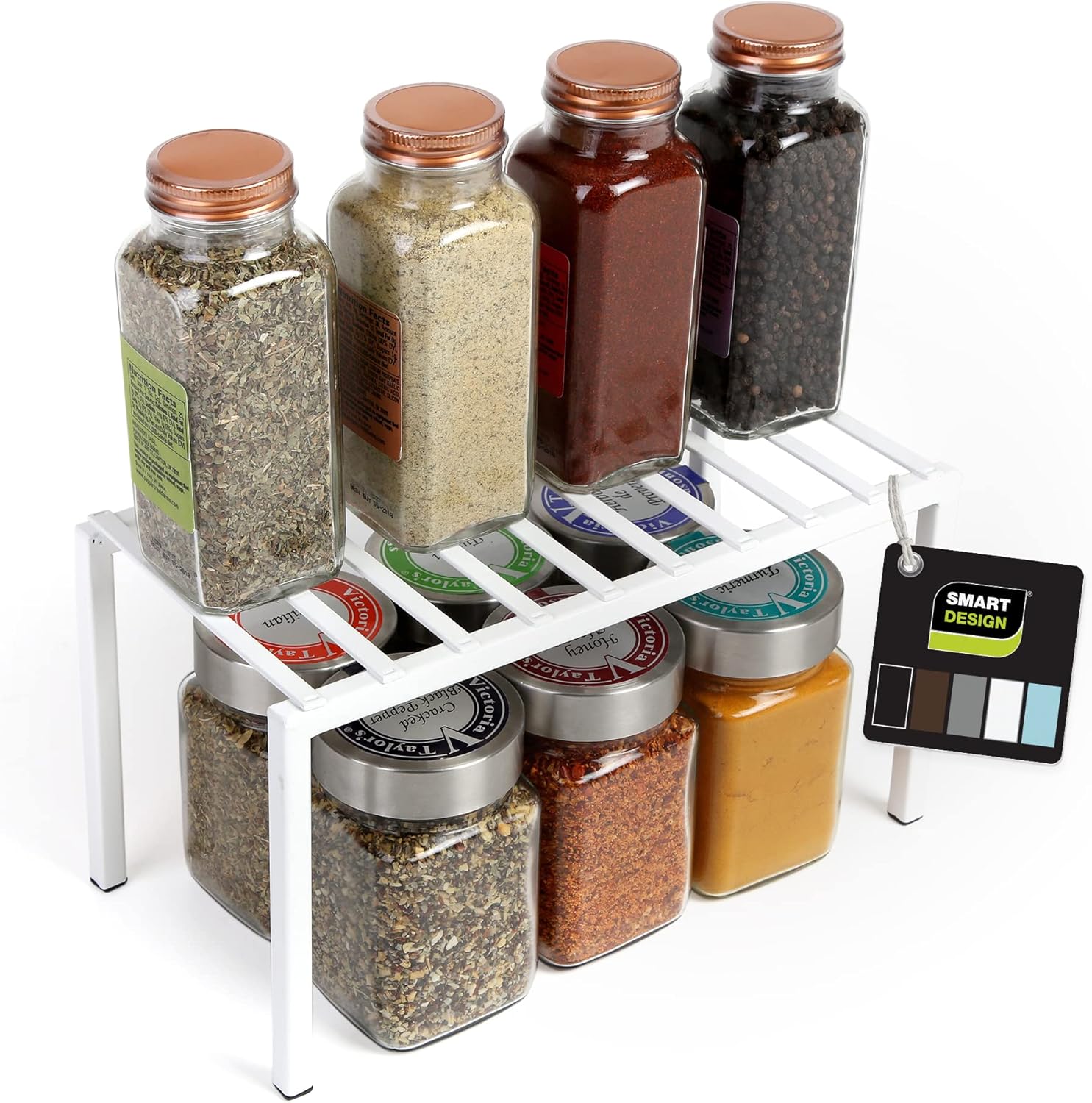 Smart Design Premium Cabinet Storage Shelf Rack - Small - 10.5 x 5.25 Inch - Steel Metal - Rust Resistant - Cupboard, Plate, Dish, Cup, Bathroom Counter and Pantry Organization Riser - Kitchen - White