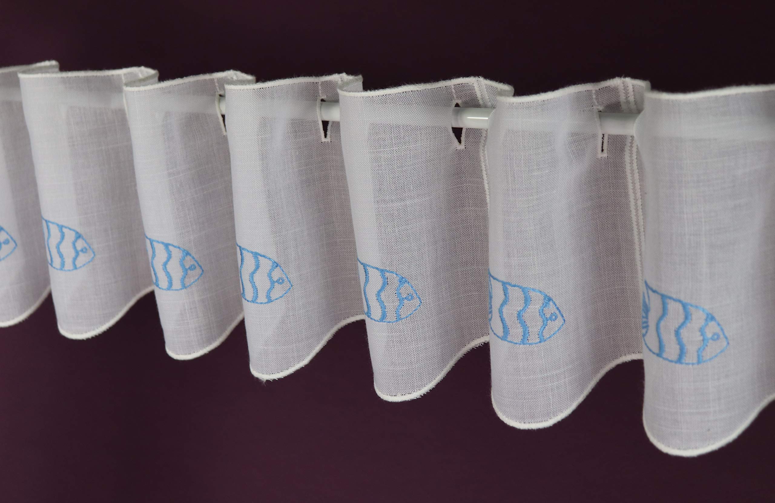 Gustav Gerster Panel Curtain Made to Measure Fish Slats - Panneau Bistro Curtain Batiste Look Height 18 cm - Width of the Curtain in 16 cm increments Available in White / Blue