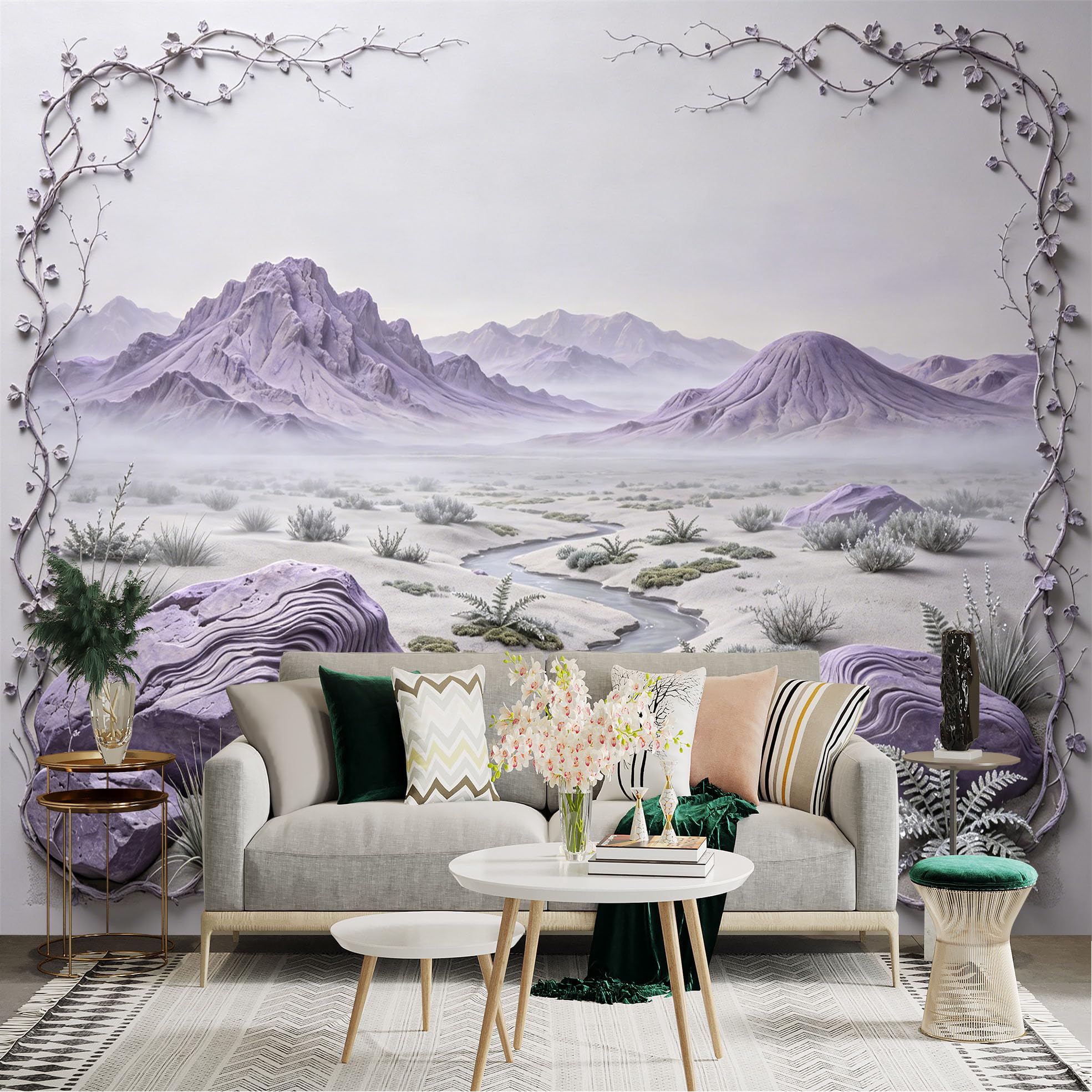 Custom Size Wall Sticker Mural， Misty Lavender Desert Landscape with Mountains and Stream， for wall Decoration， peelandstick wall Decals.