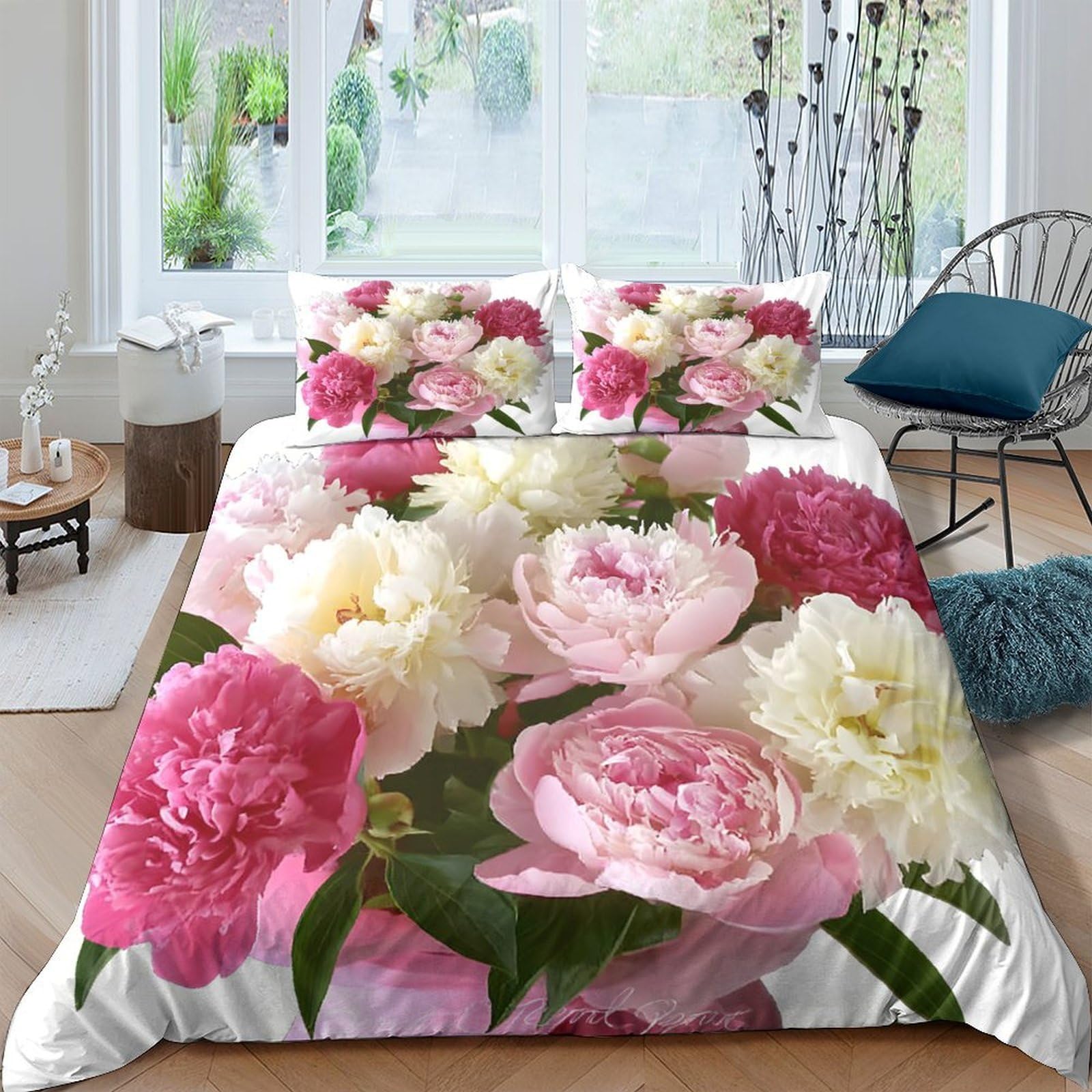 Ctjqhvkz Style-6 3D Printed Pink Peony Fitted Sheet Microfiber Soft Breathable White Rose Mattress Cover For Bedroom Guest Room Decor Single（135X200cm）