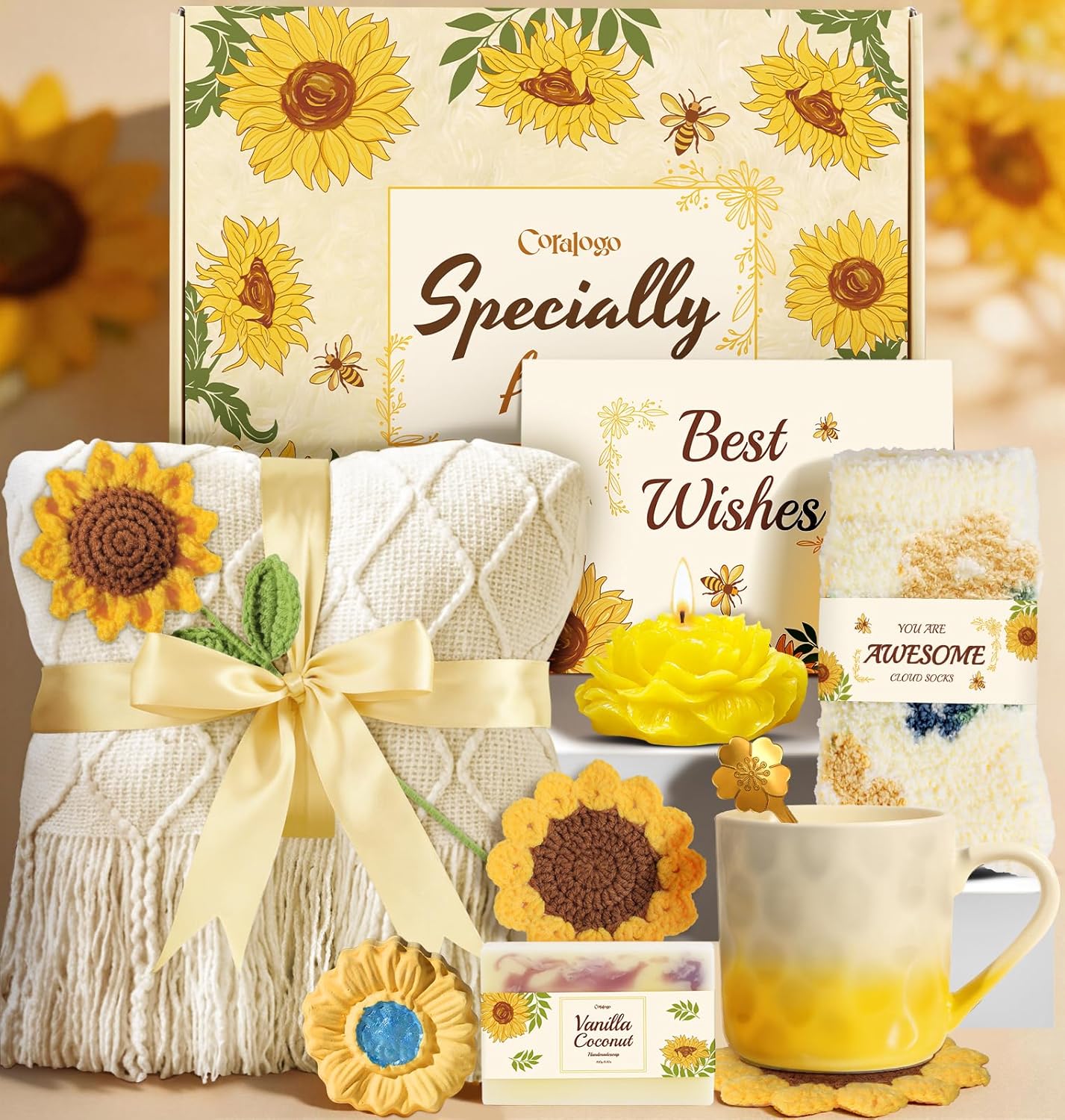 Coralogo Sunflower Spa Gift Basket for Women - 11pc Self-Care Package with Knit Blanket, Scented Candle, Greeting Card - Cheerful Sunshine Gifts for Mom Women Birthday Mothers Day, Thinking of You