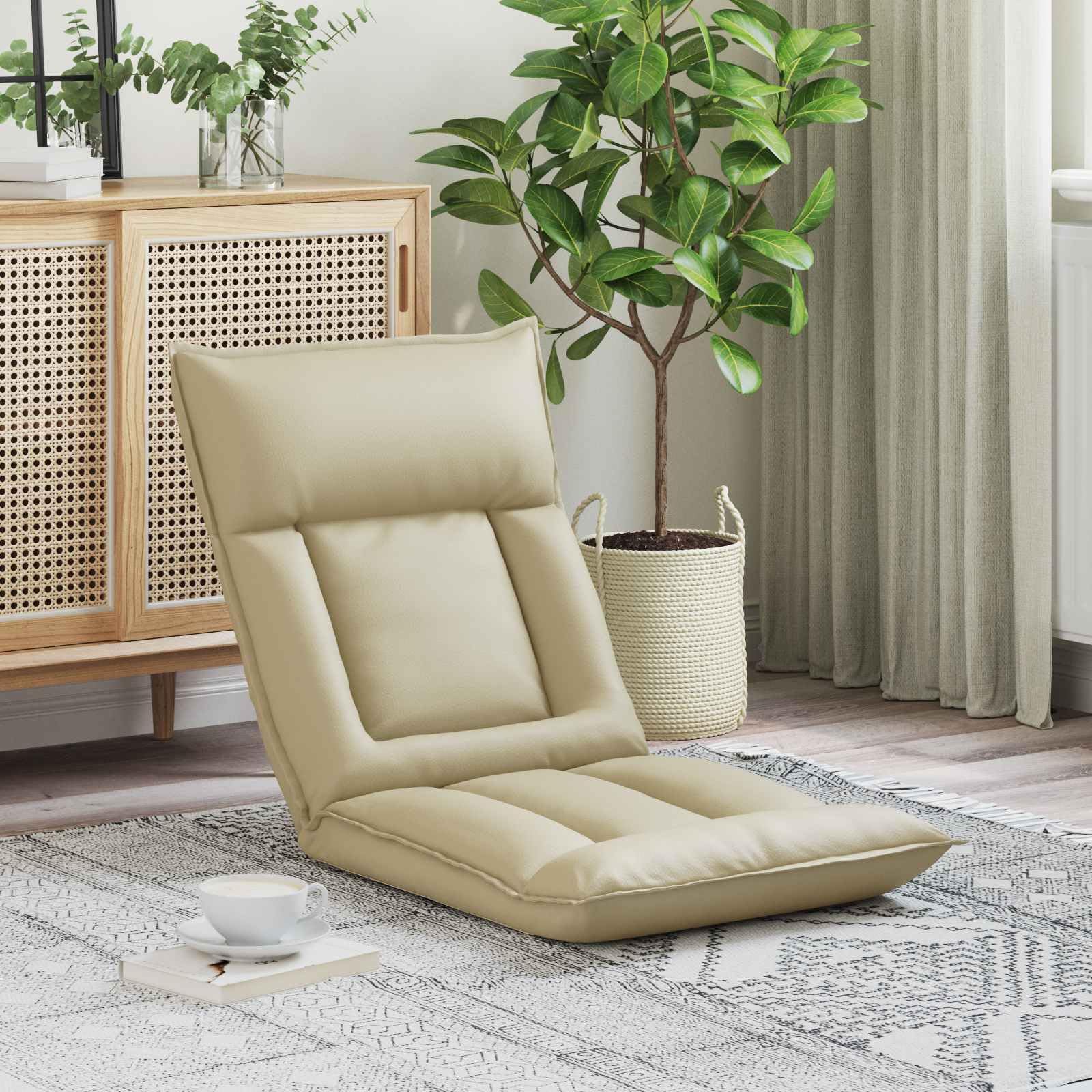 vidaXL Fauteuil de Sol Ajustable Crème Simili Cuir, Fauteuil rectangulaire Moderne, Assise Ajustable, Dossier Multi-Positions, Simili Cuir, Cadre métal, Relaxant