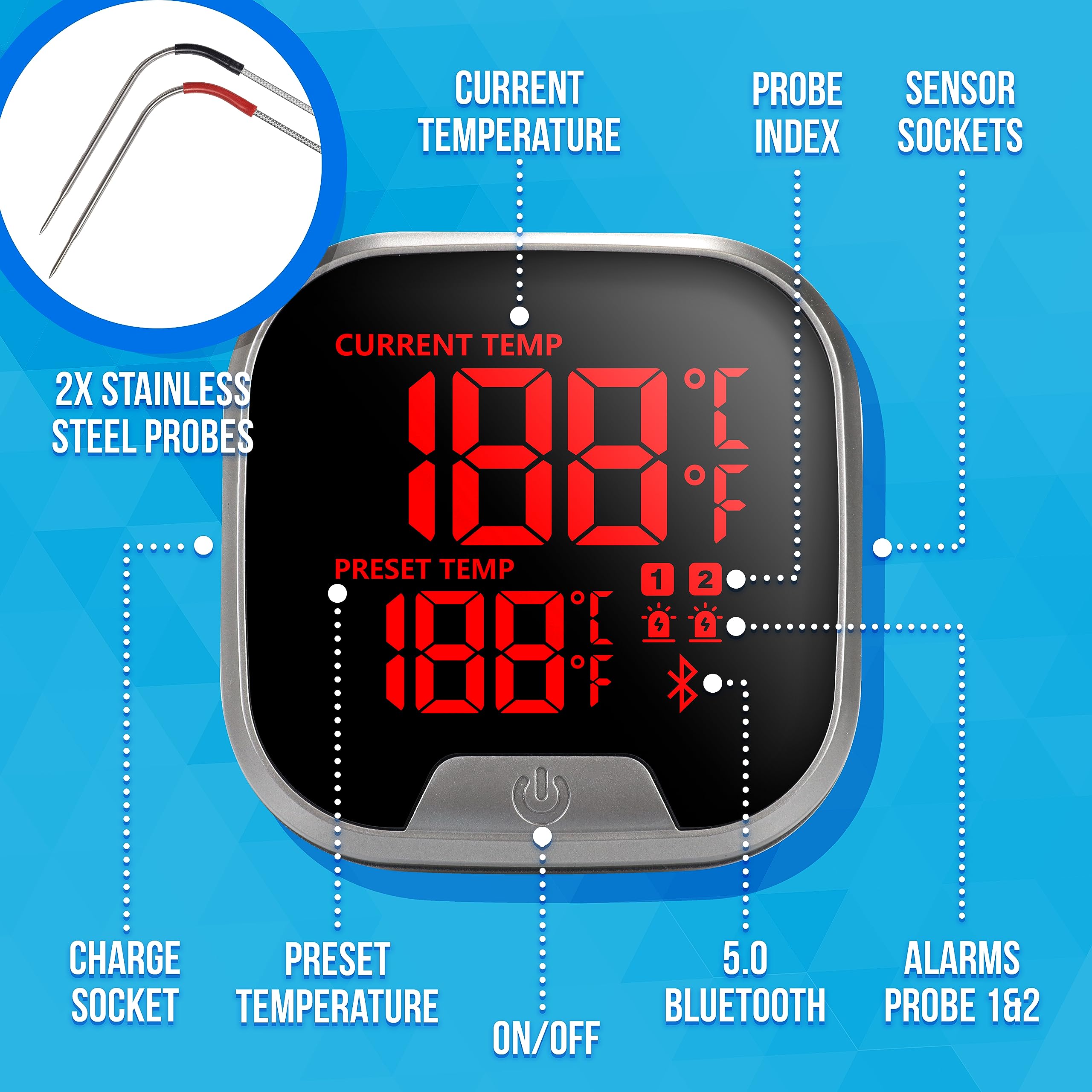 Silvergear® Fleischthermometer mit App | Grillthermometer Kabellos Bluetooth | BBQ Thermometer mit 2 Temperaturfühlern | 40m Reichweite | Digital Braten-Thermometer für Grill & Backofen| USB-Aufladbar