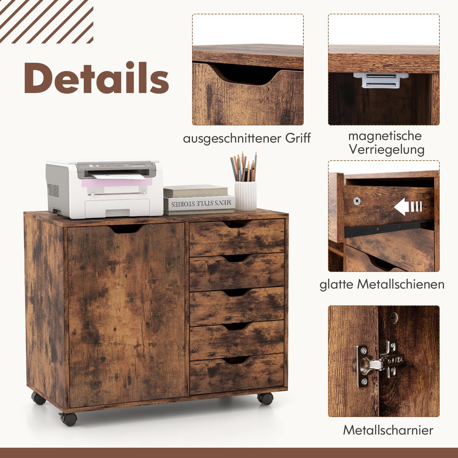 GOPLUS Rollcontainer mit Schubladen, mobiler Aktenschrank mit Schrank, Büroschrank mit 5 Rollen, für Drucker & Bücher, 78 × 39 × 65cm (Rustikales Braun)