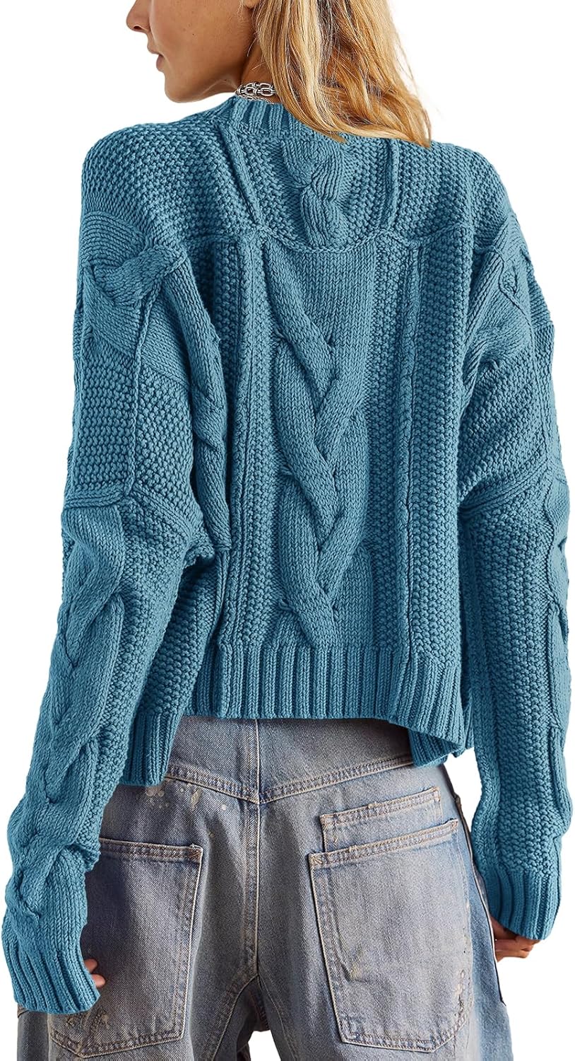 Panadila Womens Cropped Sweater Crew Neck Cable Knit Sweater Ribbed Long Sleeve Top Soft Boxy Pullover - Image 2