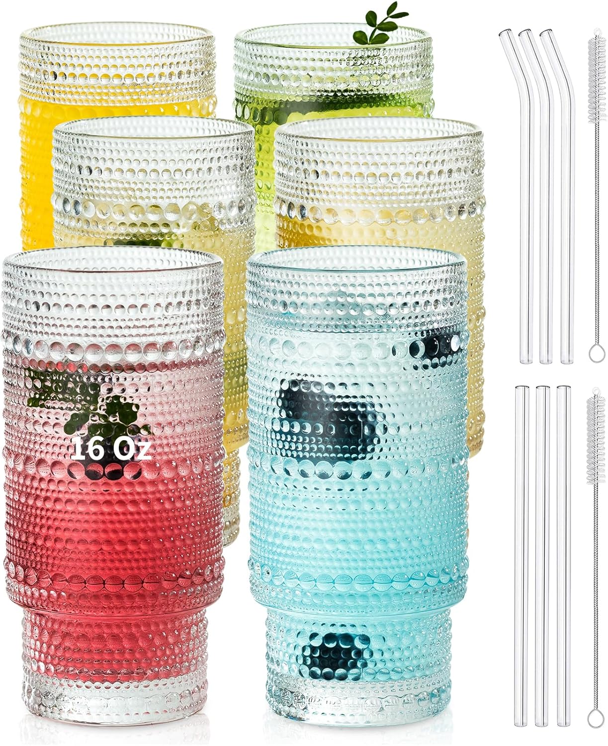KEMORELA Glass Cups Vintage Glassware Set of 6 Large, Hobnail Drinking Glasses, 16oz Glass Cups With Straws, Romantic Hobnail Highball Glasses, Bar Beverages Ice Coffee Cup Glassware