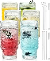 Vista 10 de KEMORELA - Juego de vasos elegantes de alta copa - Vasos XL de 16 oz - Bebidas mixtas, café helado, cerveza, jugo, agua - Diseños de nudos y cuentas