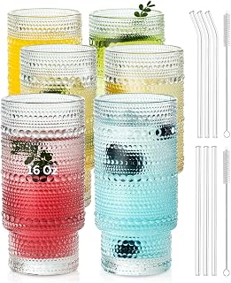 KEMORELA Vintage drinking glasses set of 6, Large 16oz Hobnail Glassware Set, Glass Cups With Straws, Romantic Hobnail Highball Glasses for Bar Beverages Ice Coffee Cocktail Mixed Drinkware