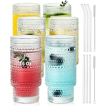 KEMORELA Glass Cups Vintage Glassware Set of 6 Large, Hobnail Drinking Glasses, 16oz Glass Cups With Straws, Romantic Hobnail Highball Glasses, Bar Beverages Ice Coffee Cup Glassware
