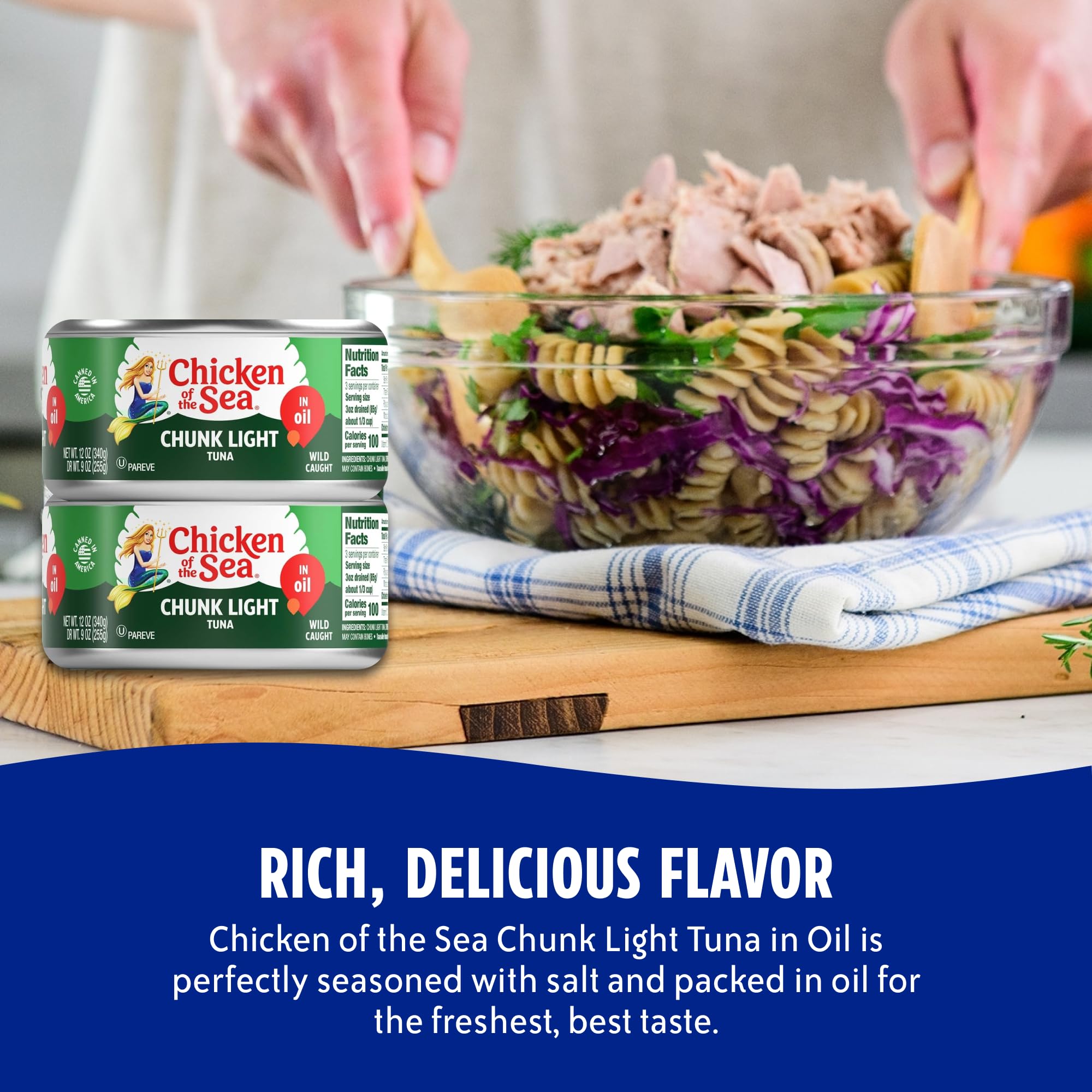 Chicken of the Sea Wild Caught Chunk Light Tuna, 12 Ounce Cans, 12-Count – High Protein 100% Classic Chunk Tuna in Oil – Delicious, Easy, Nutritious Ready to Eat Meals