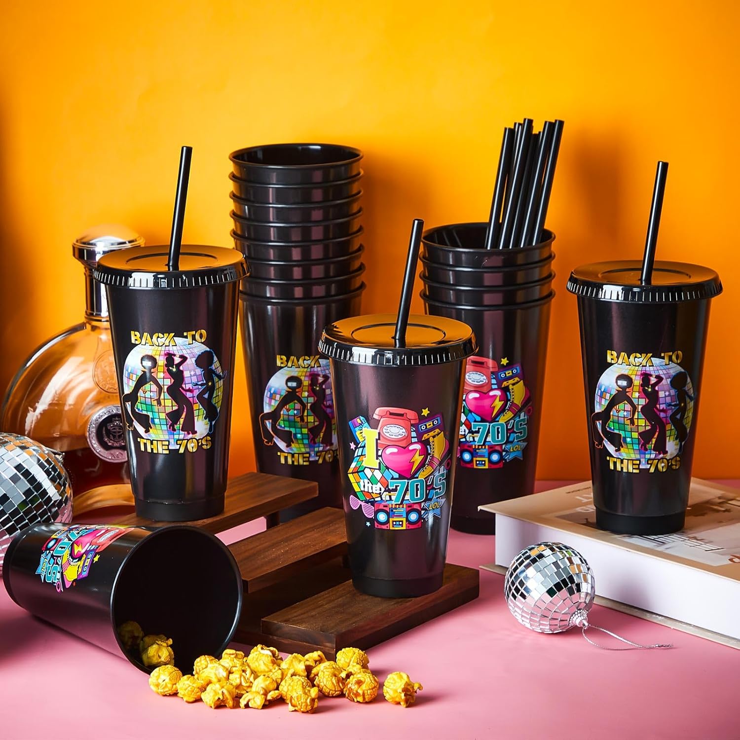 Uiifan 16 Pcs Back to the 70's Party 1970's Birthday Reusable Cups with Lids and Straws 24 oz Plastic Rock and Roll Tumblers Bulk Funny 70s Party Supplies - Image 4