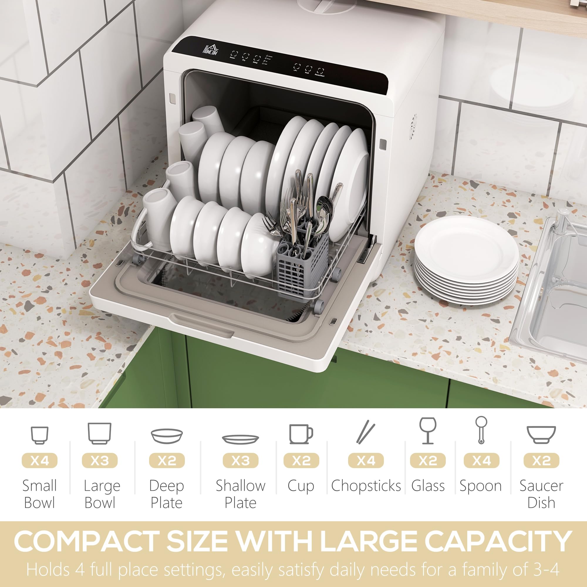 HOMCOM Table Top Dishwasher, Mini Countertop Dishwasher No Plumbing with Built-in 6L Water Tank, 6 Programs, Touch Control, LED Display, 4 Place Settings, Dual Water Supply and Fruit Wash, Black White — view 3