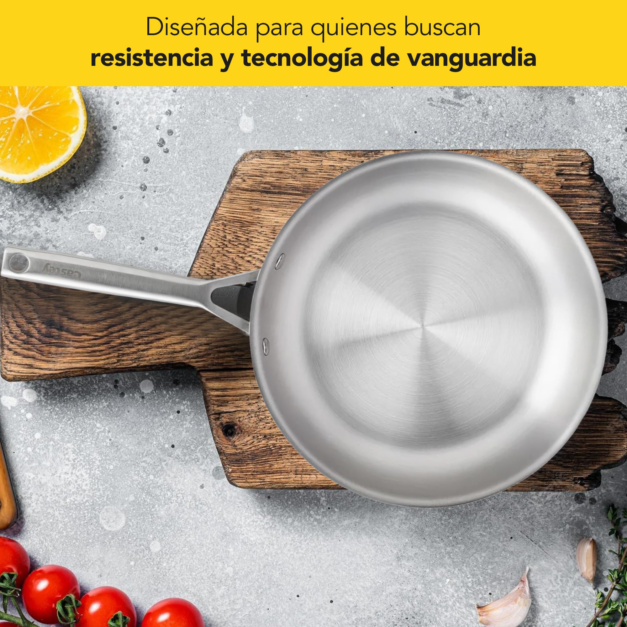 Castey - Sartén de Trimetal Malmö, Modelo M-S28, Tamaño 28 cm, Tricapa de Acero Inoxidable, Base Full Induction, Apta para Todas las Cocinas