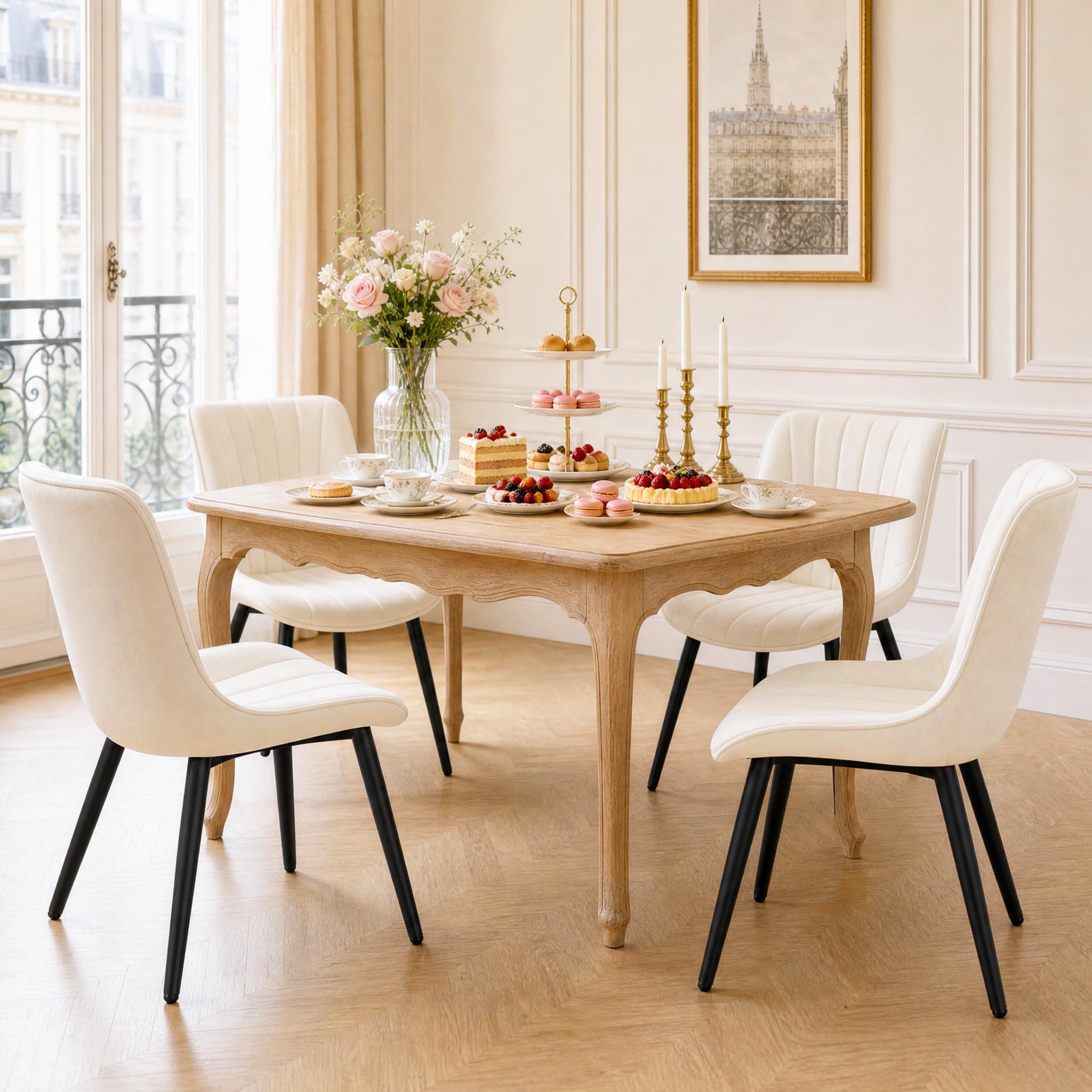 Hellove Velvet Dining Chairs with Metal Legs, Set of 4 Modern Upholstered Kitchen & Dining Room Chair with Thick Seat Cushion, Armless Accent Side Chair with Back for Vanity Living Room– Beige