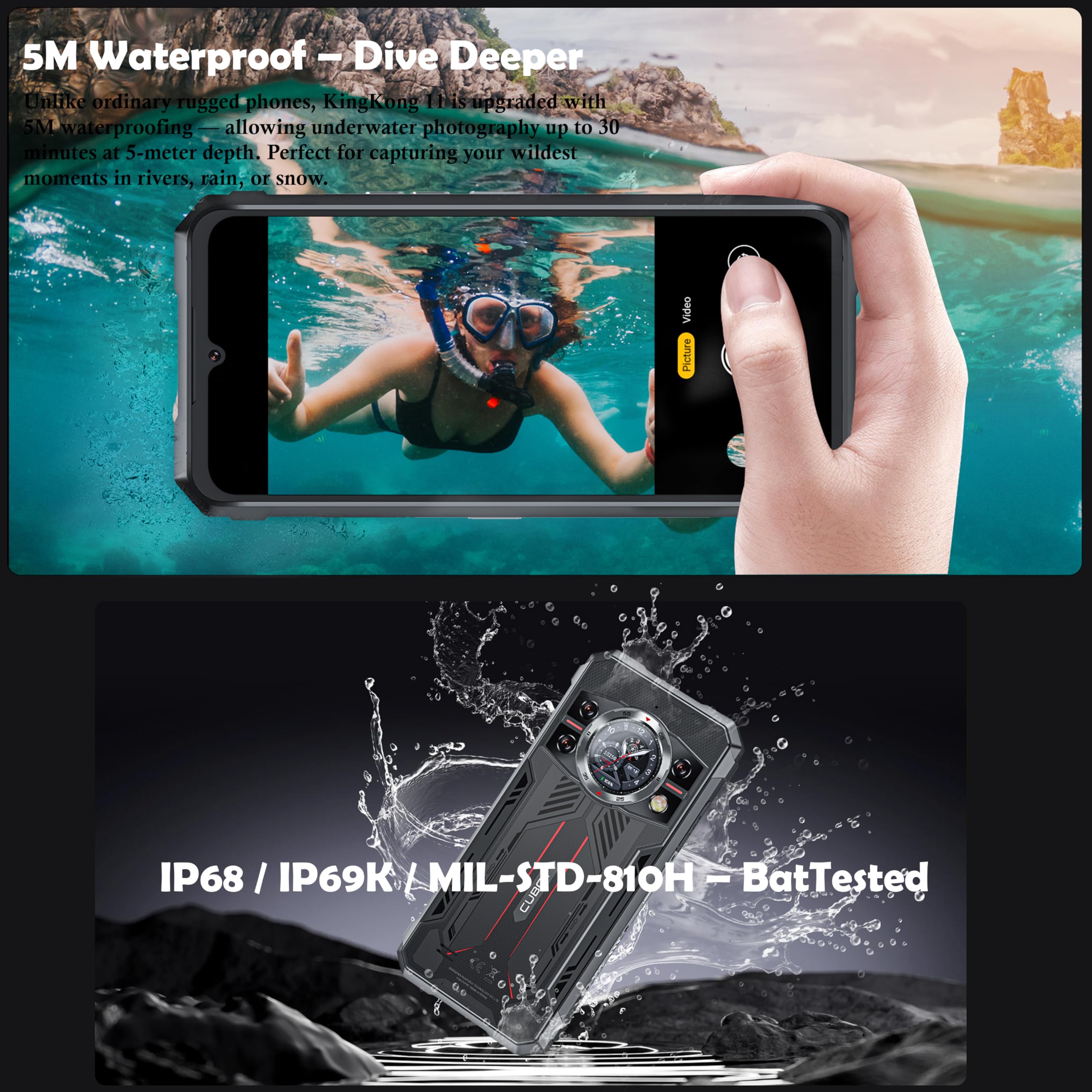 KingKong 11 – Smartfon 5G 6,72" FHD+ 120Hz, 16GB RAM (+16GB rozszerzane), 256GB ROM, Aparat 108MP, Bateria 10200mAh, Android 15, Dimensity 7025, Czarny