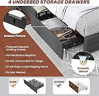 Vista 14 de Giantex Base de cama matrimonial con luces LED y 4 cajones, base de cama de plataforma tapizada con puertos USB, diseño de cabecera ajustable