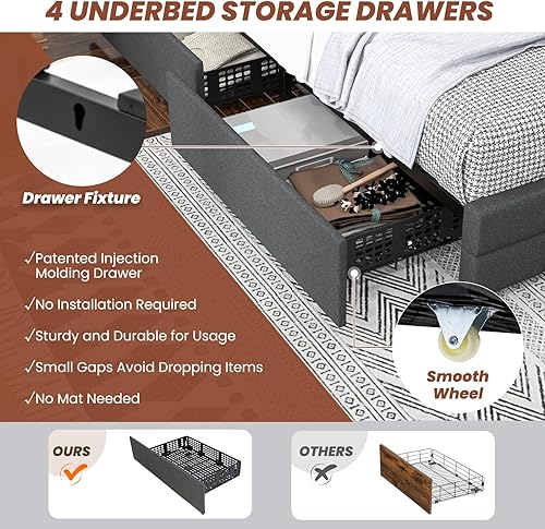 Miniatura 5 de Giantex Base de cama matrimonial con luces LED y 4 cajones, base de cama de plataforma tapizada con puertos USB, diseño de cabecera ajustable