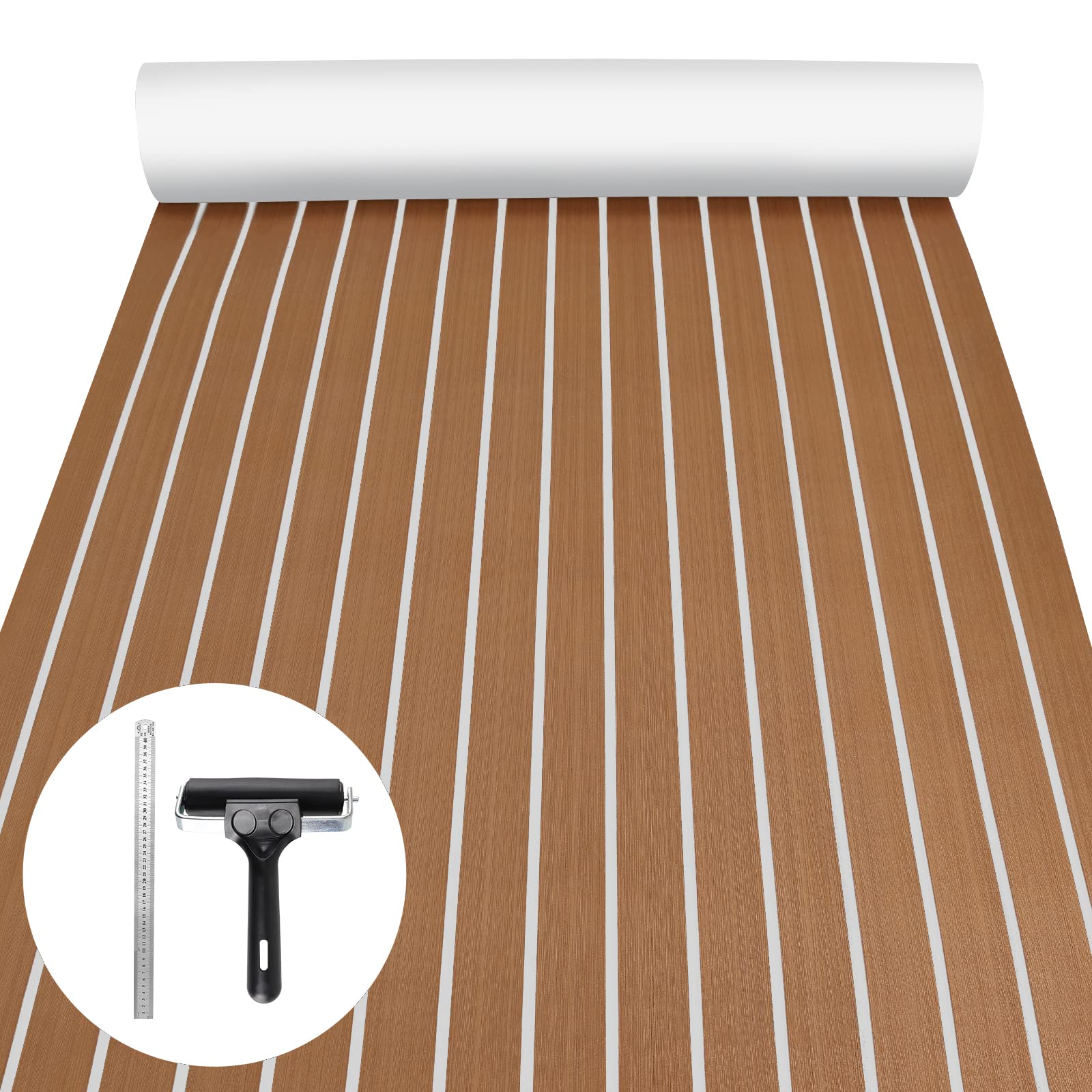 2 Pcs Boat Flooring EVA Foam Decking Sheet Upgraded Hi-Strength Adhesive,Non-Slip Faux Teak Marine Mat with Rubber Roller and Ruler for Kayak Deck Boat Yacht Flooring Swimming Pool 94" x 35"/23"