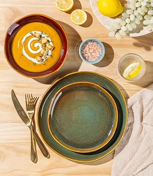 GBHOME Stoneware Dinnerware Sets for 4, 12 Pieces Rustic Earthenware Plates and Bowls Set, Handmade Reactive Glaze Ceramic Plate Sets, Chip Resistant Dishes, Microwave & Dishwasher Safe, Brown Green