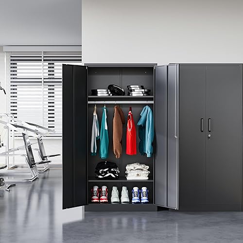 Miniatura 7 de Armario de almacenamiento de metal de 72 pulgadas con bloqueo de metal con barra colgante para oficina, hospital, requiere montaje (negro)