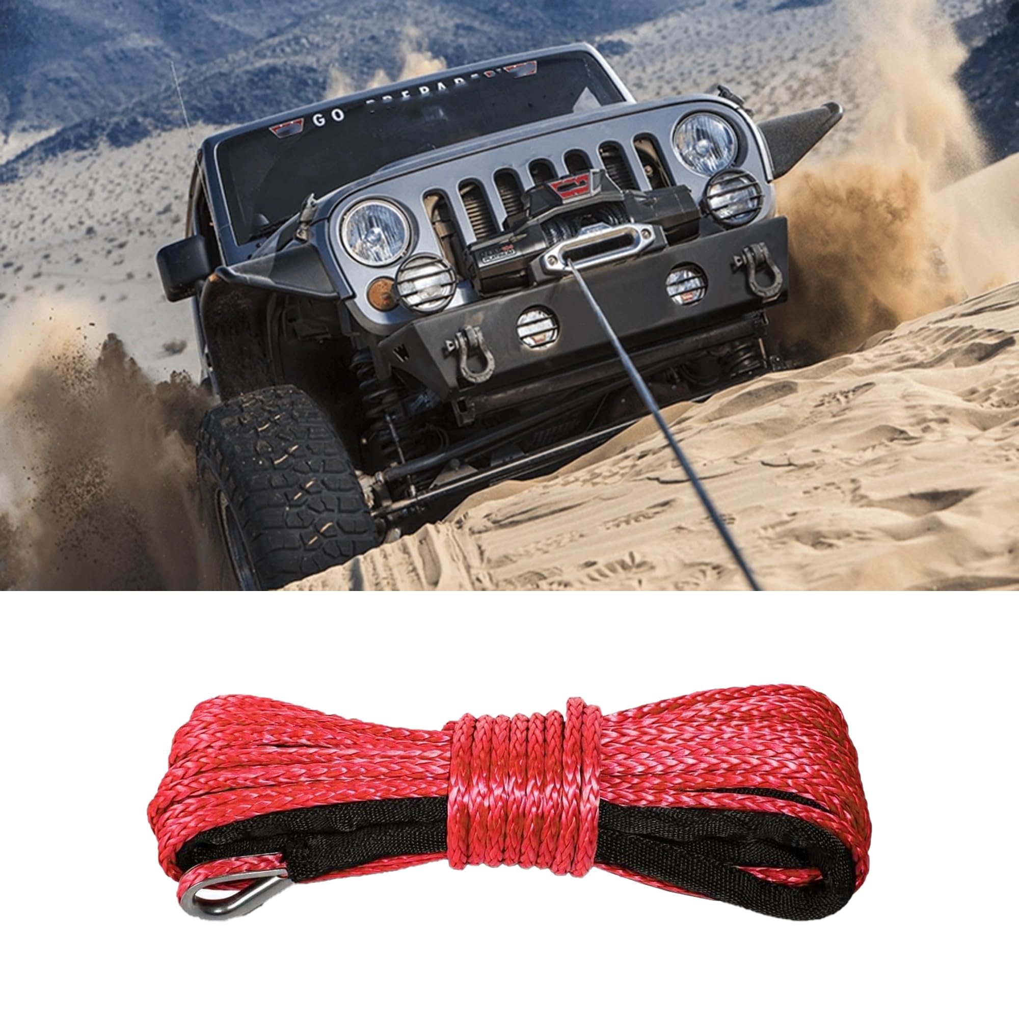 1/4'' x 50 Ft Car Synthetic Winch Rope Kit, 10,000LBs Winch Cable Line with Protecting Sleeve and Thimble, Universal Car Accessories for ATV UTV (Red)