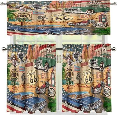 Miniatura 22 de Route 66 Cortinas rústicas de cenefa, retro antiguo coche antiguo clásico de automóvil, motocicleta, decoración de ventanas, cortinas con bolsillo