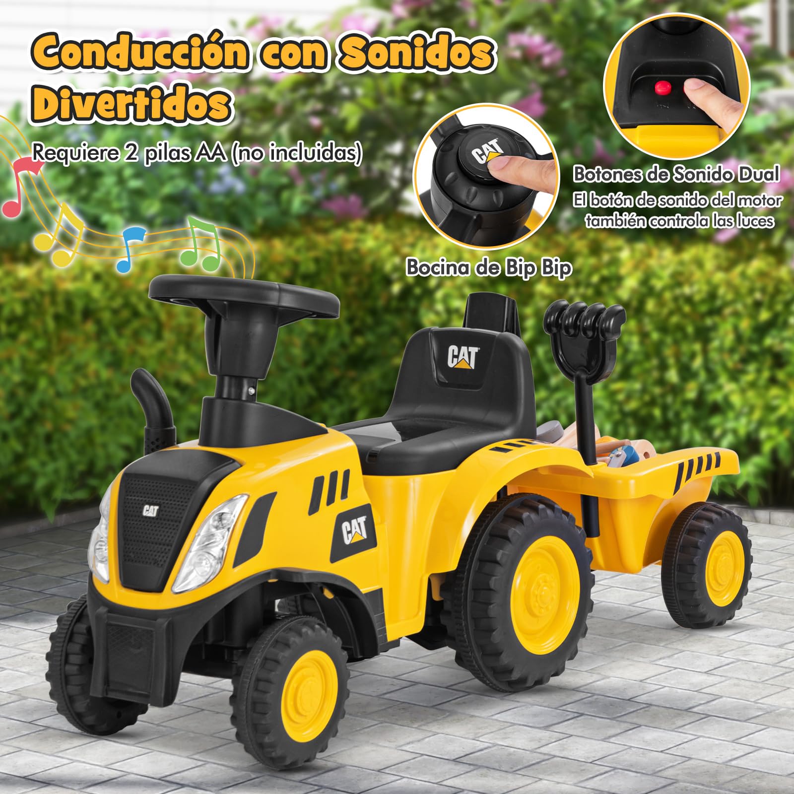 COSTWAY Tractor Juguete Caterpillar con Remolque Desmontable, Pala, Rastrillo, Bocina, Sonido del Motor, Luces LED y 6 Ruedas, Tractor para Niños de 18-36 Meses