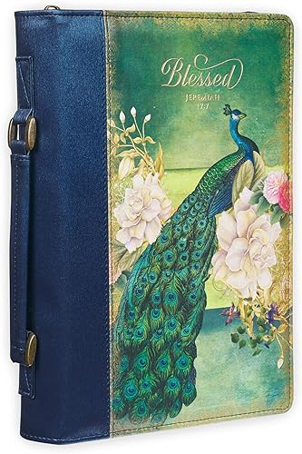 Christian Art Gifts Funda de cuero vegano para la Biblia para mujer Blessed - Jer. 1717 Escritura inspiradora con lindo pavo real y flores