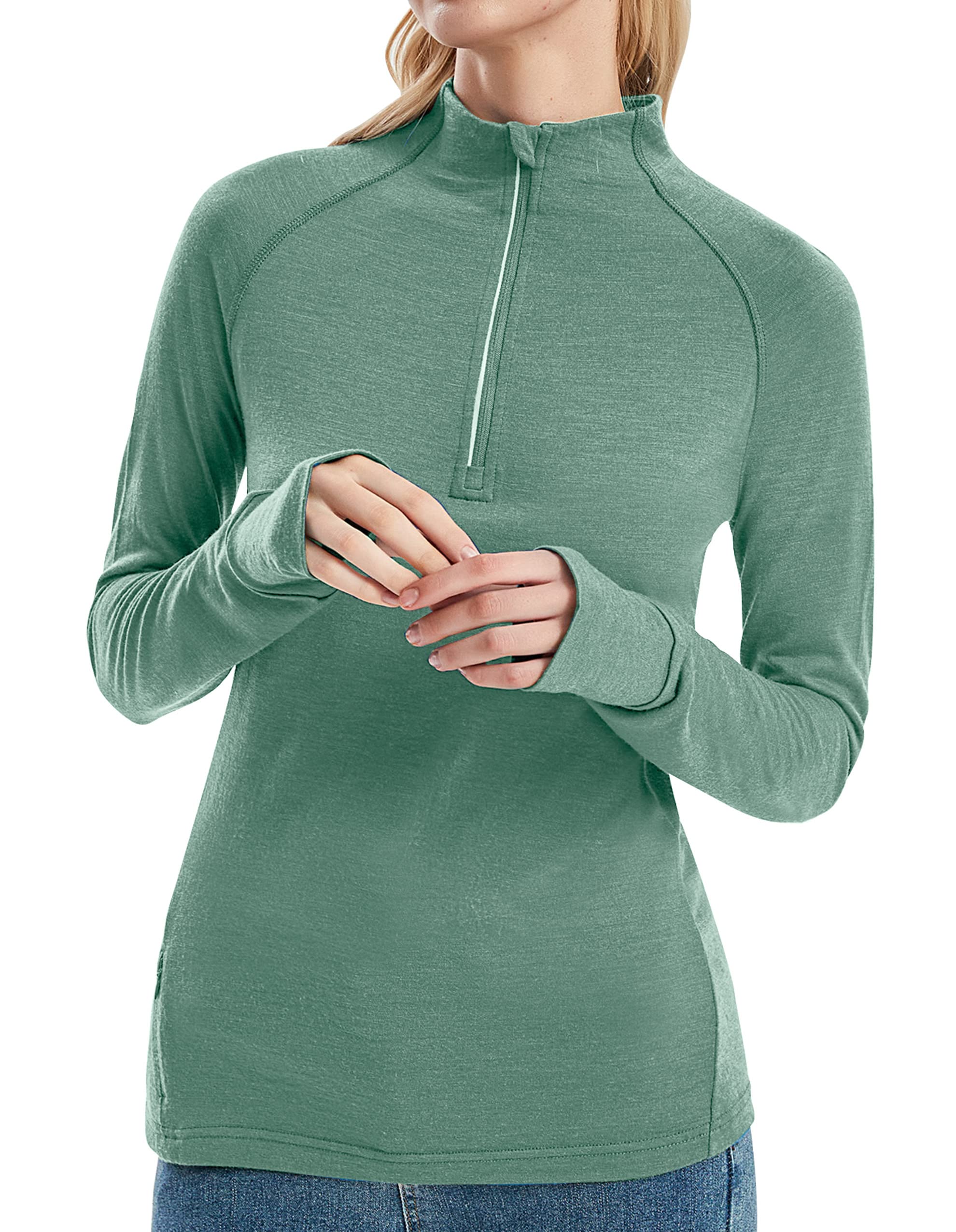 Womens 100% Merino Wool Base Layer Top 220 Midweight Zip Neck Tops for Ski