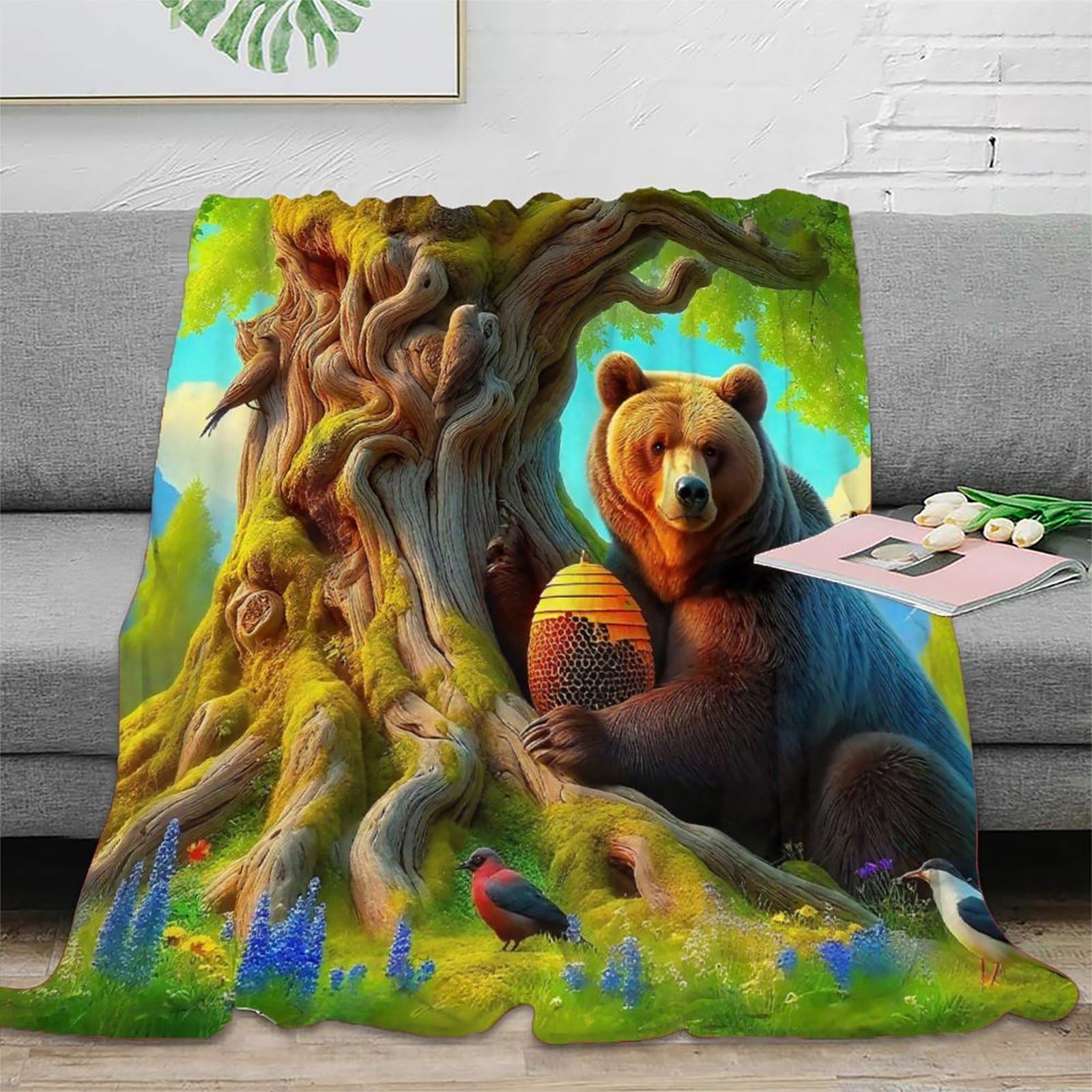 Couverture en microfibre douce ours brun 3D pour housse de canapé