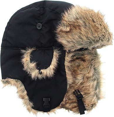 Milani Solid Color Trapper Style Hunting Aviator Winter Hat with Faux Fur and Chin Strap (Black)