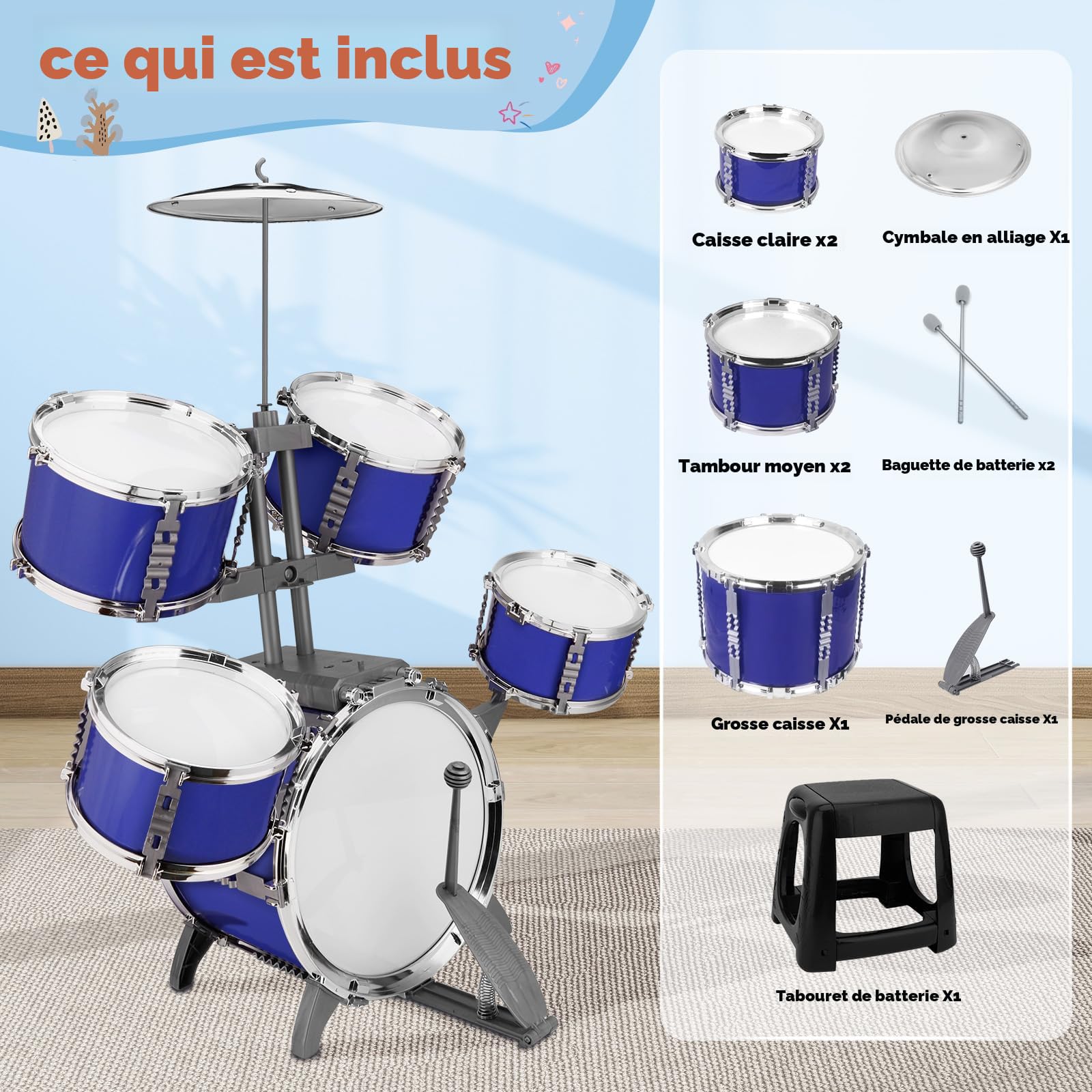 DREAMADE Batterie de Jazz Enfant Electrique avec Tabouret,Microphone, 5