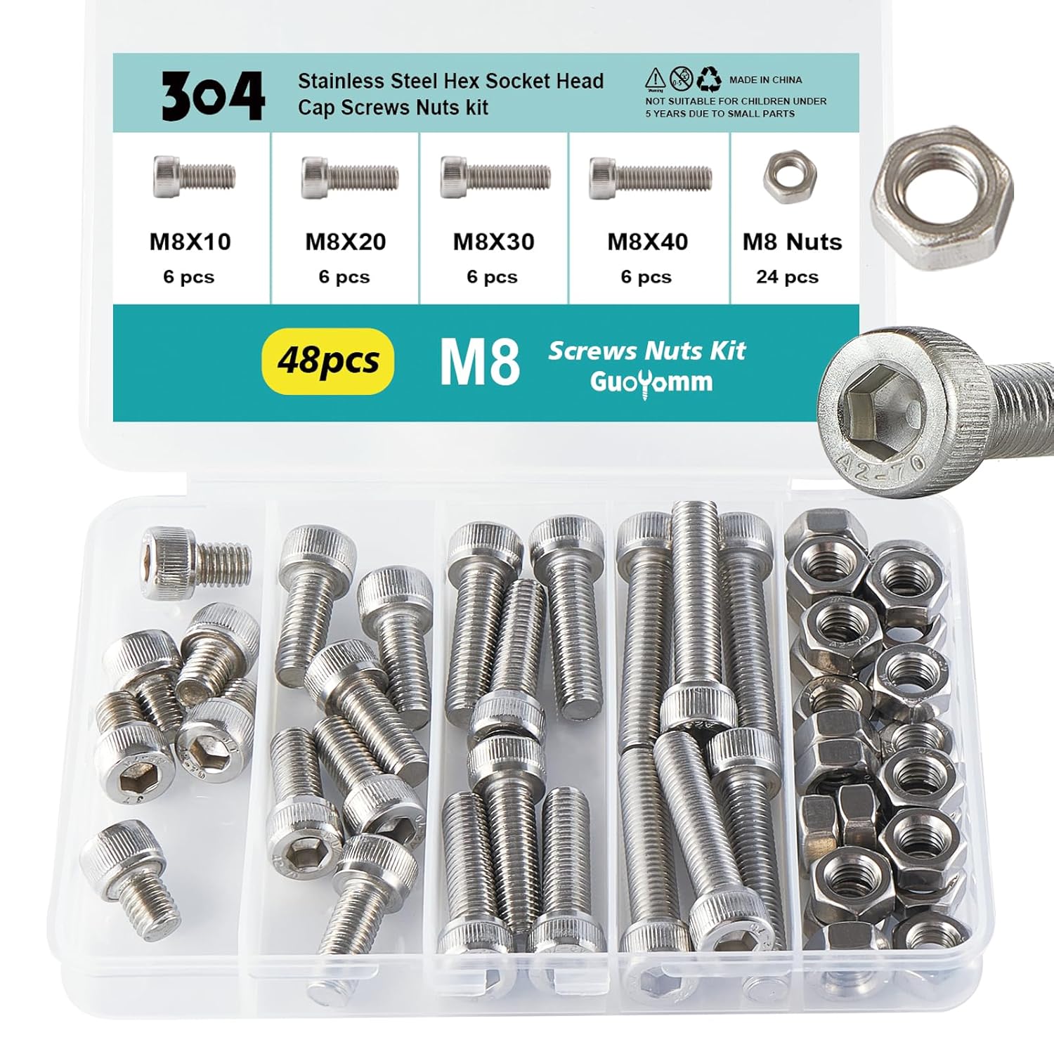 M8 x 10mm 20mm 30mm 40mm Hex Socket Head Cap Screws Bolts and Nuts, Stainless Steel 304, Bright Finish, Metric Allen Drive, Fully Thread, Assortment Kit 48PCS