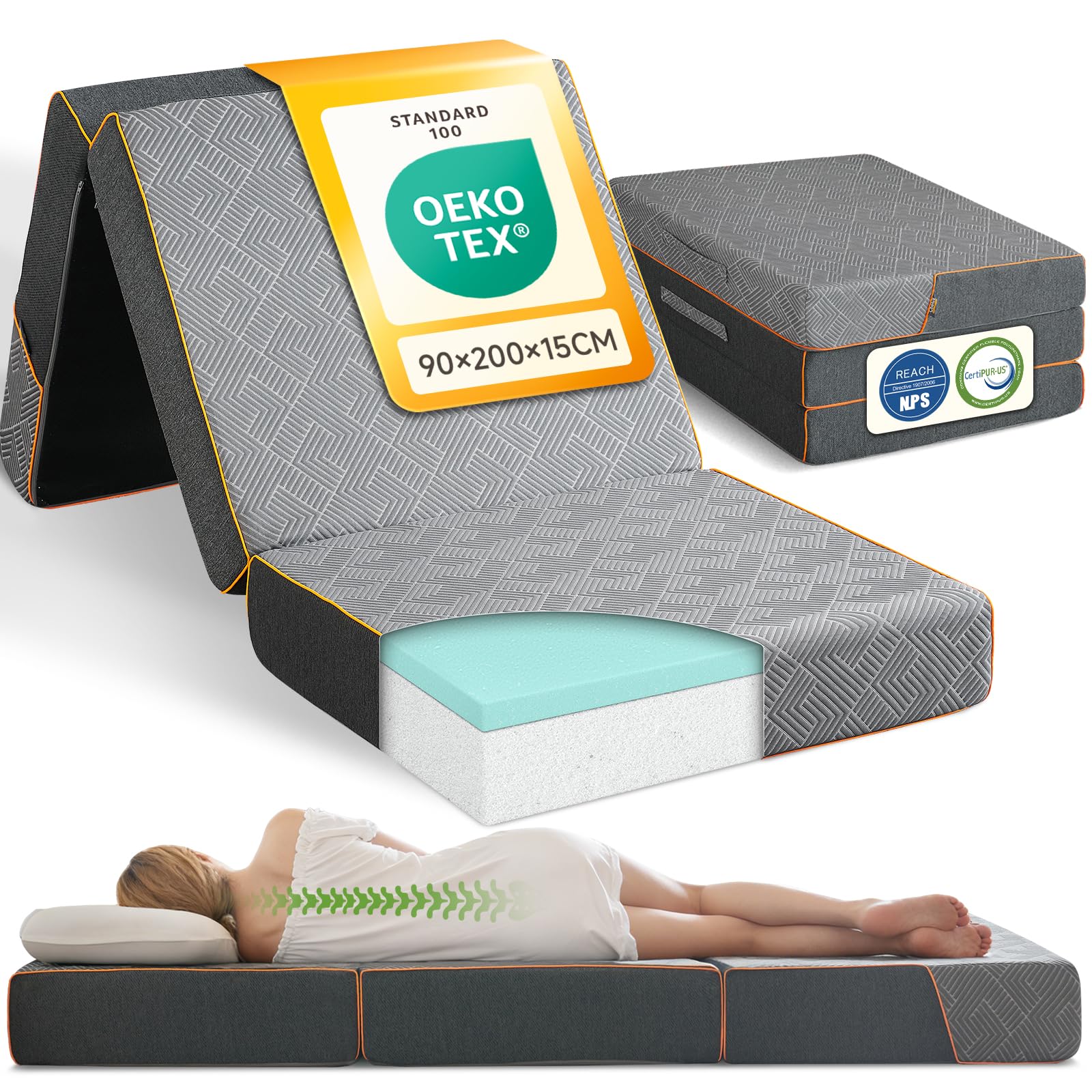 Materasso pieghevole 3 pezzi, materasso pieghevole in memory foam, materasso pieghevole per adulti, Oeko Tex Standard – Rivestimento lavabile