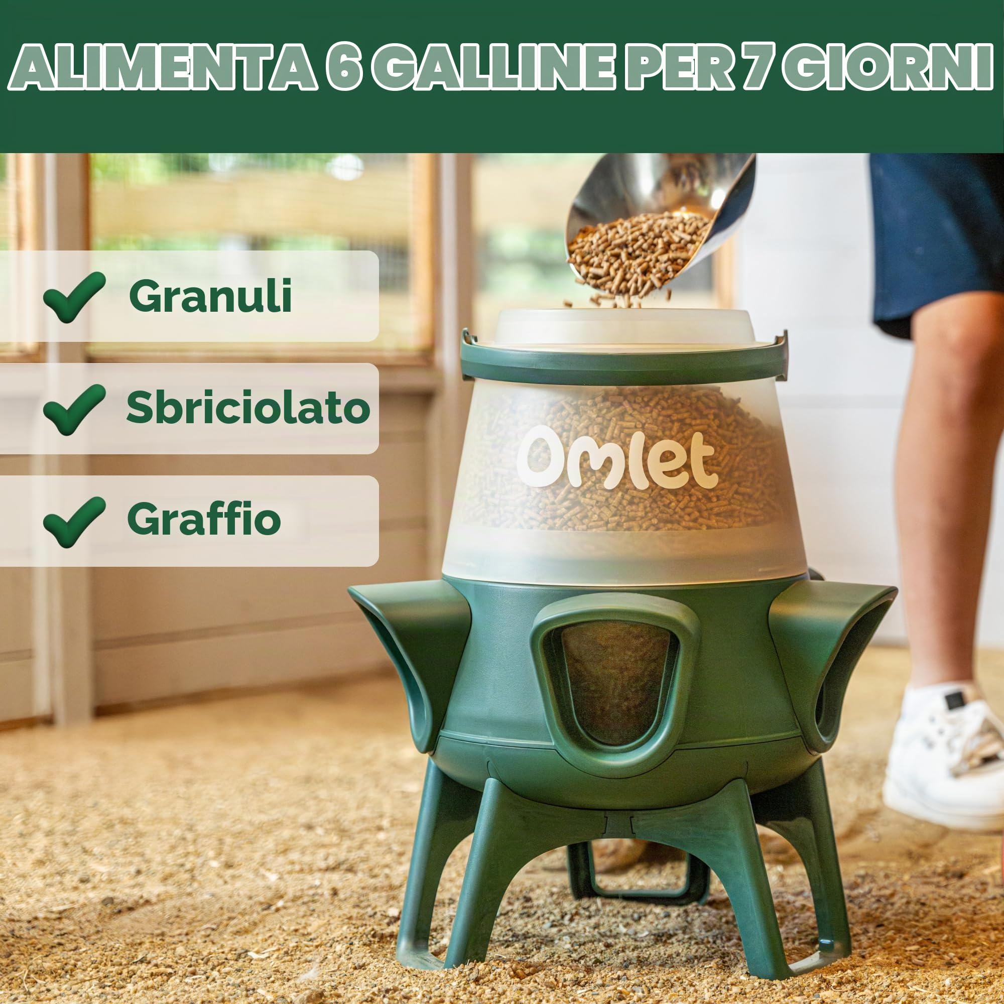 Omlet Mangiatoia per polli, senza sprechi, senza BPA, 5 porte anti-bullo, facile da pulire, nutre 6 galline per 7 giorni, 5 kg