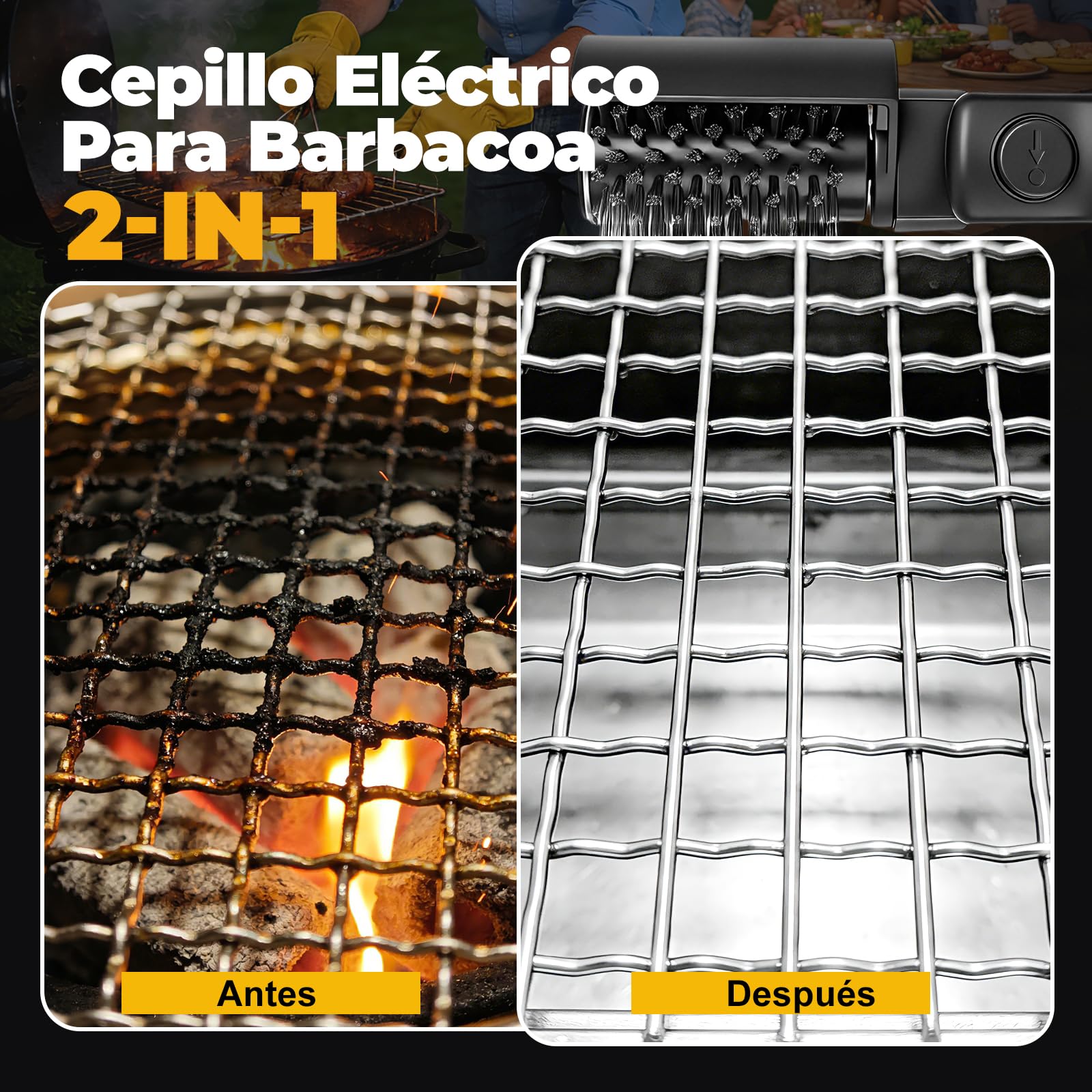 Cepillo Eléctrico para Barbacoa 2 En 1, Cepillo Eléctrico con 3 Niveles De Limpieza/Rotación De 360°/400 RPM, Recargable con Cabezales Intercambiables para Todas Las Parrillas